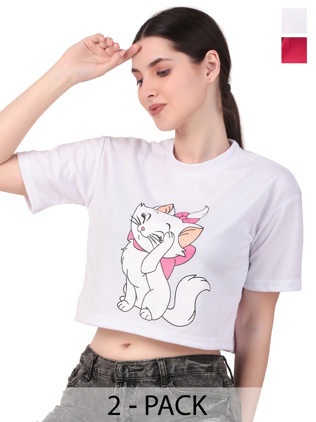 

Brazo Women Set Of 2 Graphic Printed Round Neck T-shirts, White