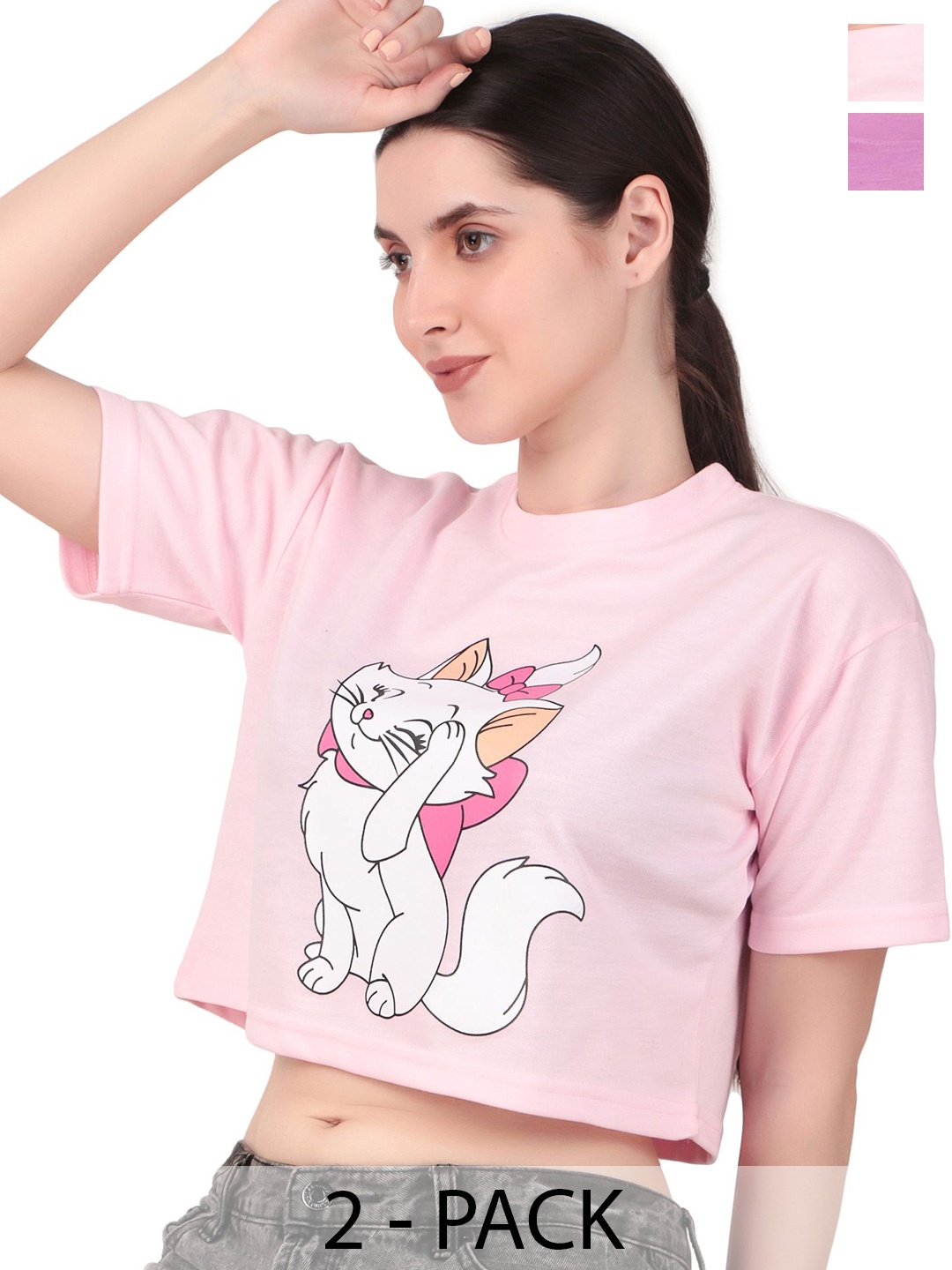 

Brazo Women Set Of 2 Graphic Printed Round Neck T-shirts, Pink
