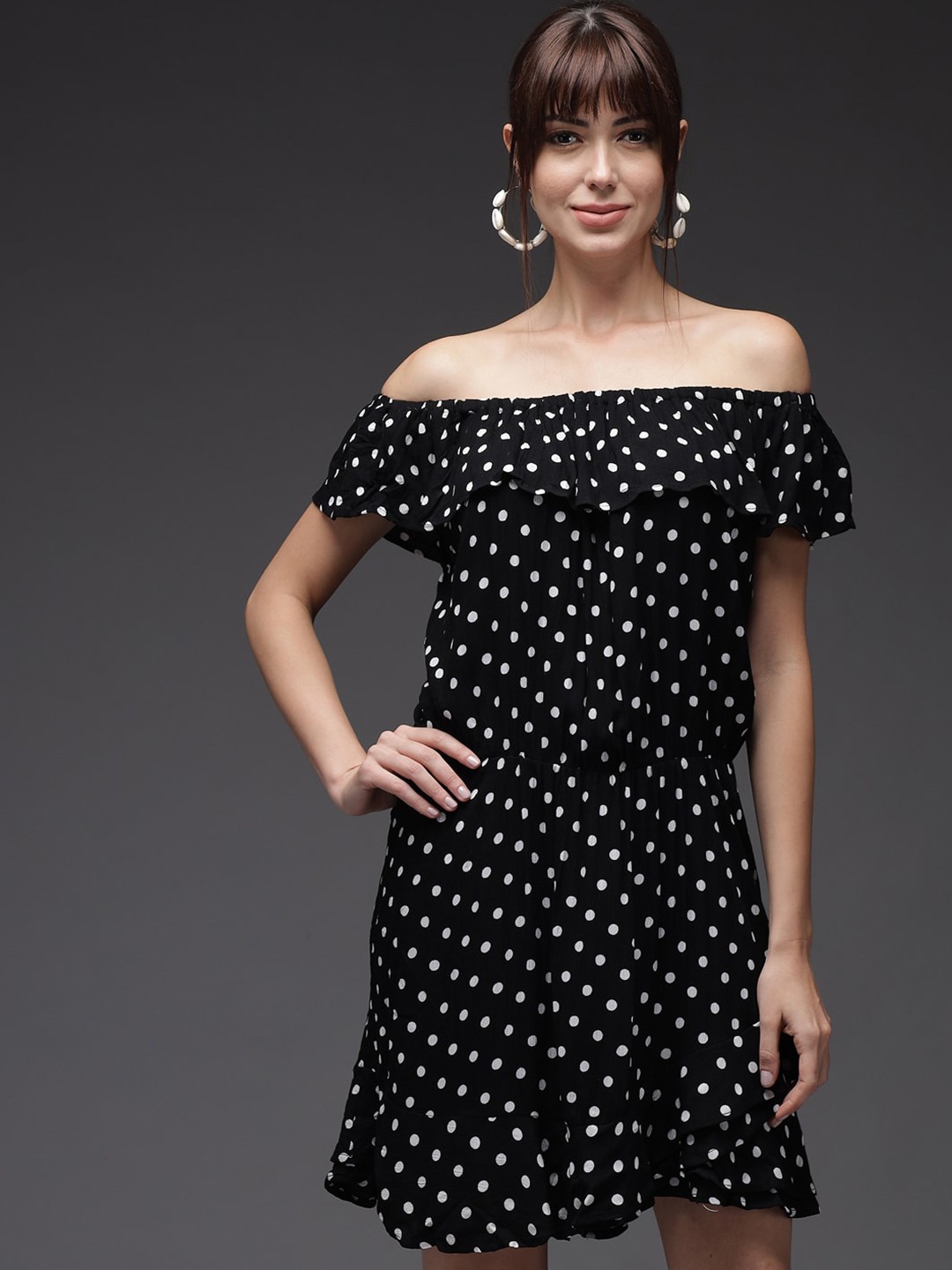 

TANDUL Polka Dot Printed Off-Shoulder Cotton A-Line Dress, Black