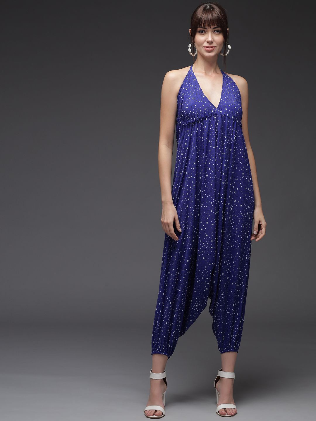 

TANDUL Women Organic Cotton Halter Neck Printed Basic Jumpsuit, Blue