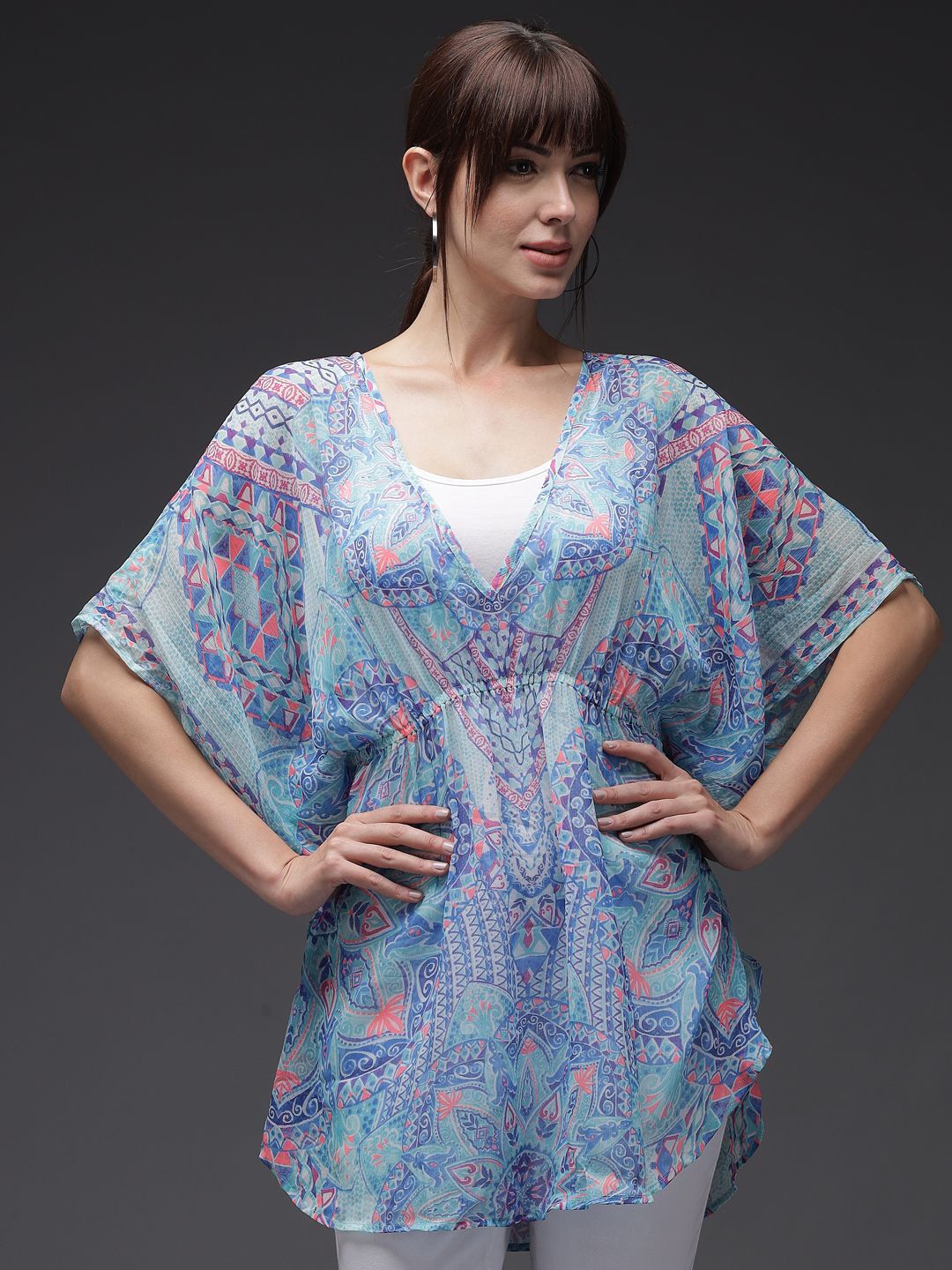 

TANDUL Printed V-Neck Shrug, Blue