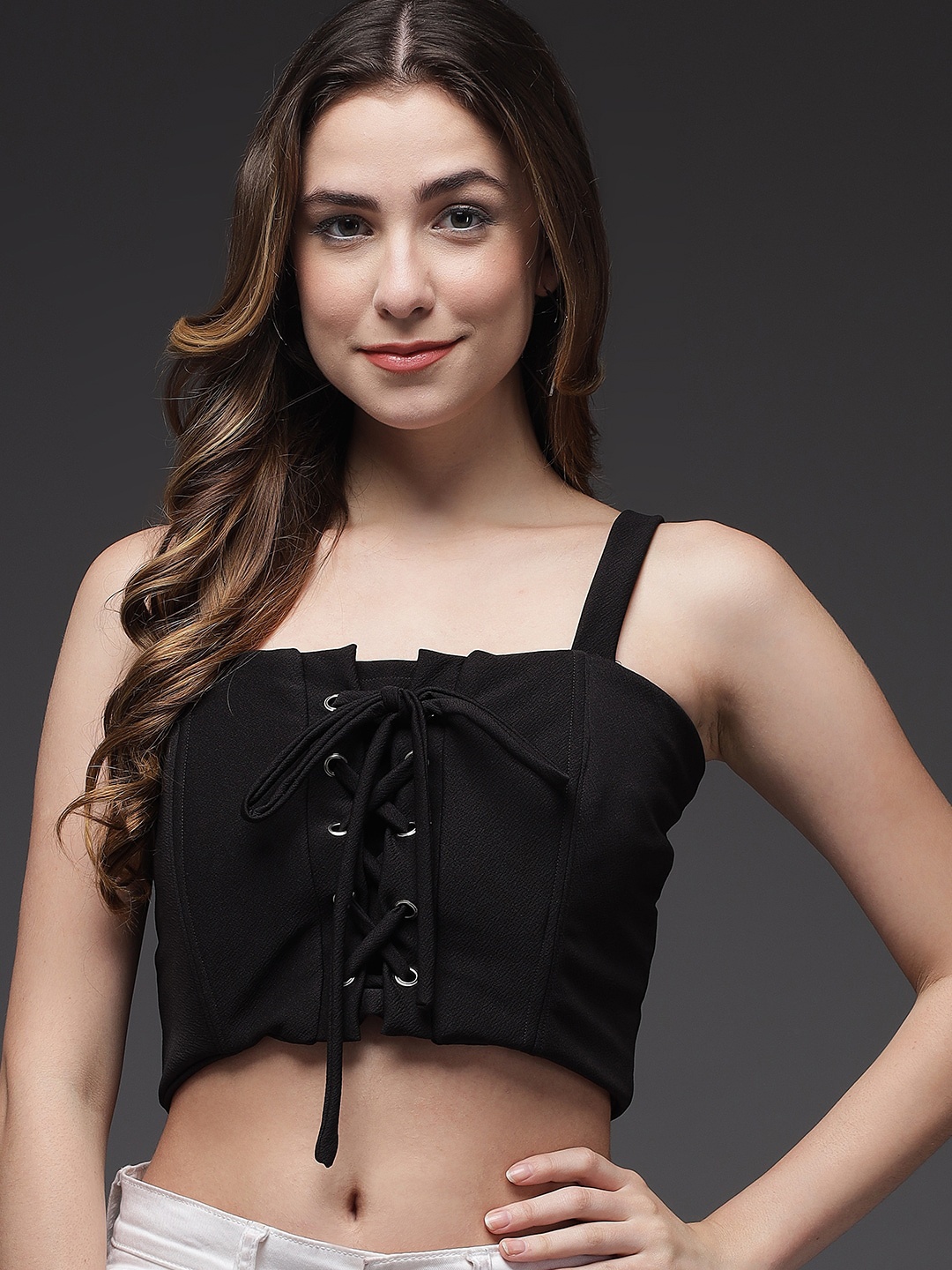 

TANDUL Solid Shoulder Straps Crop Top, Black