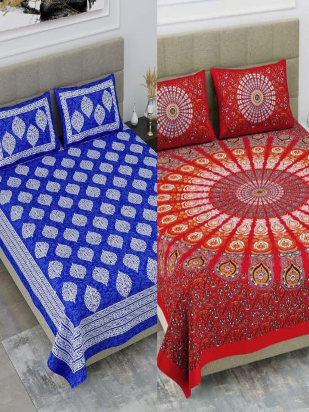 

Runjhun Blue & Red Ethnic Motifs 180 TC 2 Queen Bedsheet with 4 Pillow Covers