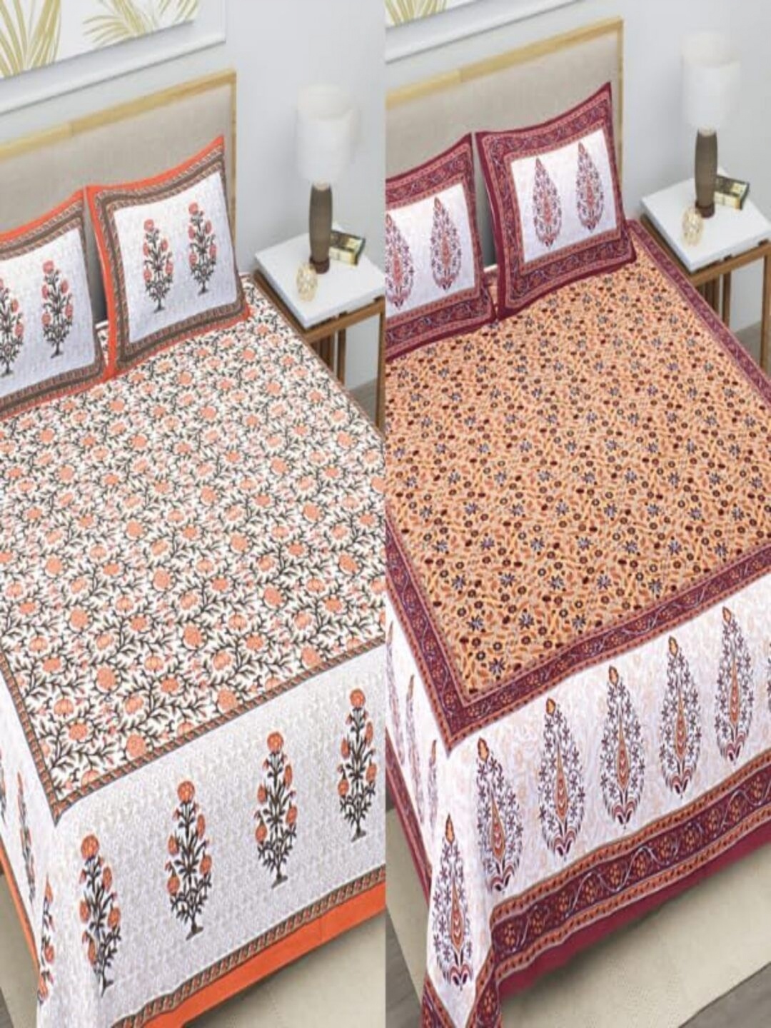 

Runjhun White & Orange Floral 180 TC 2 Queen Bedsheet with 4 Pillow Covers