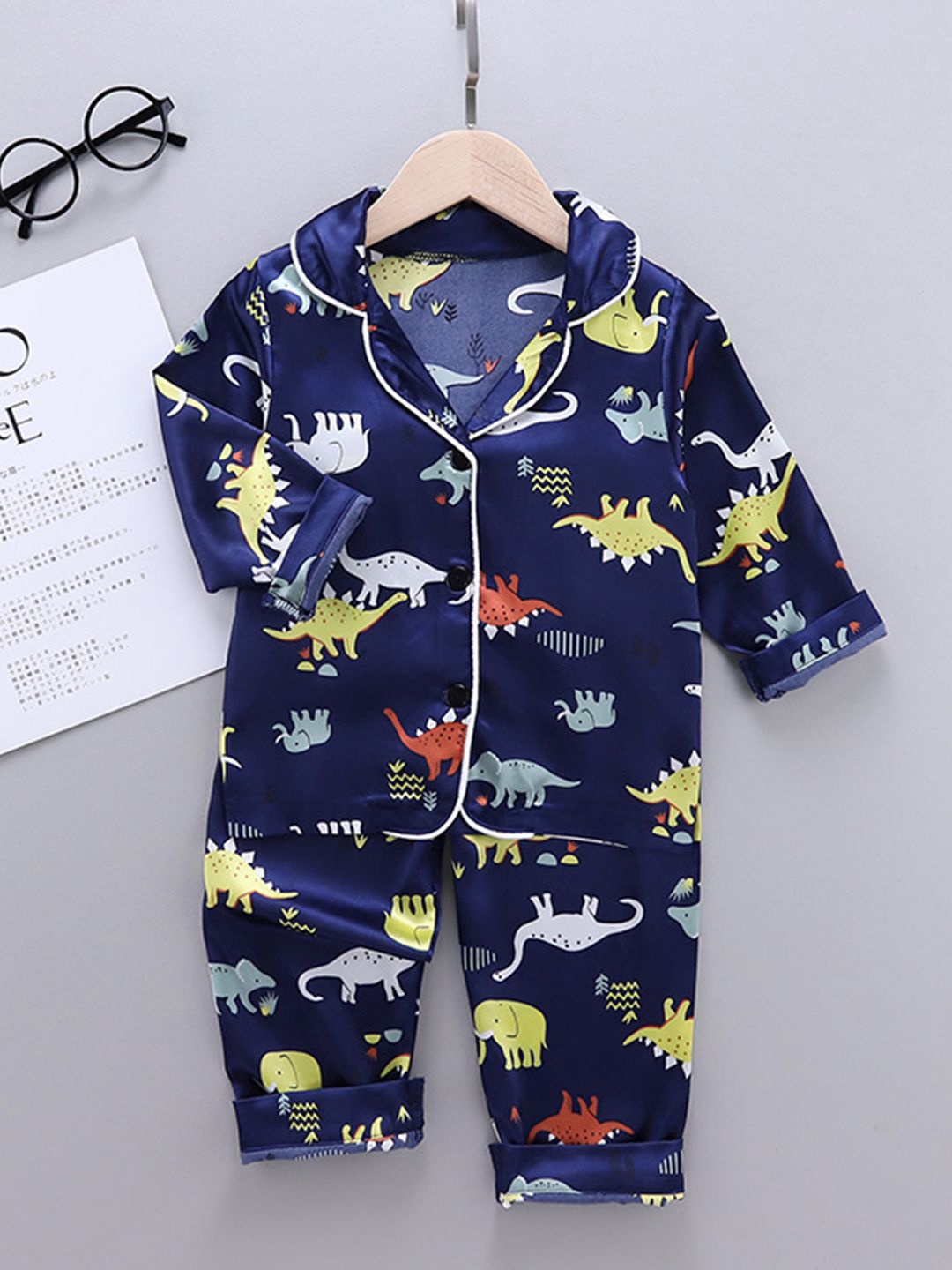 

Bold N Elegant Kids Graphic Printed Lapel Collar Night suit, Navy blue