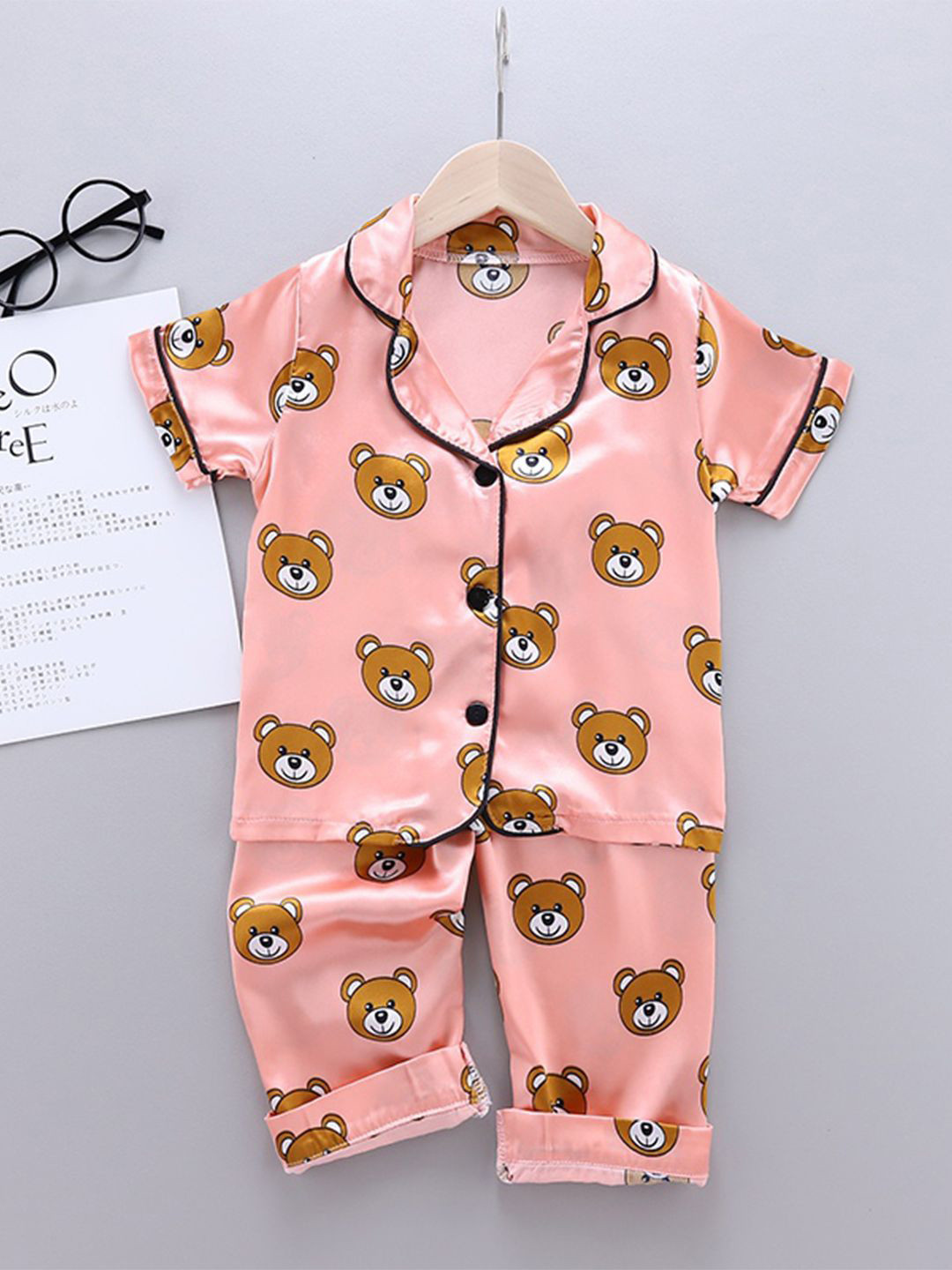

Bold N Elegant Kids Conversational Printed Lapel Collar Night suit, Pink