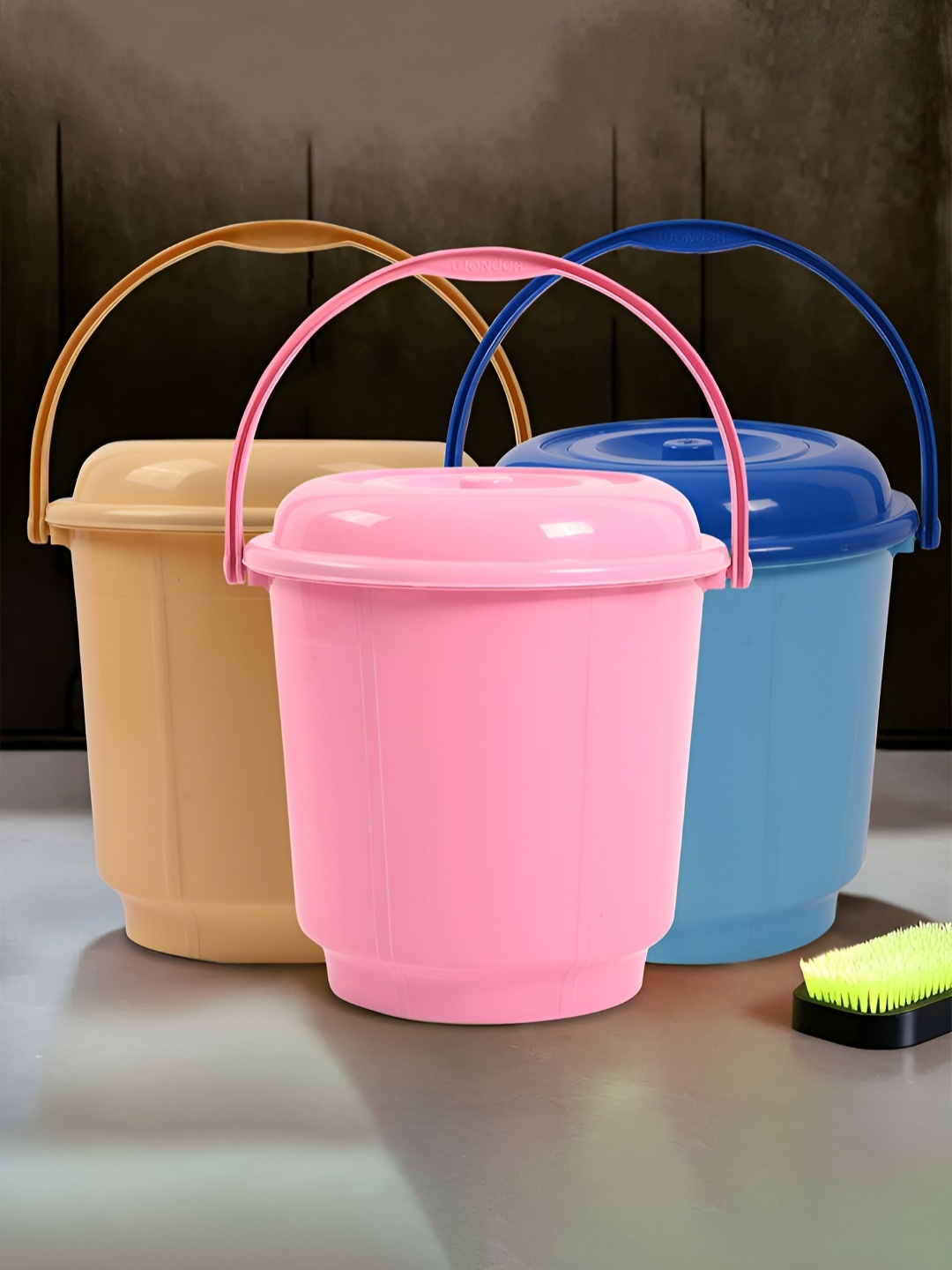 

Kuber Industries Pink & Blue 3 piece Bath Bucket with Lid
