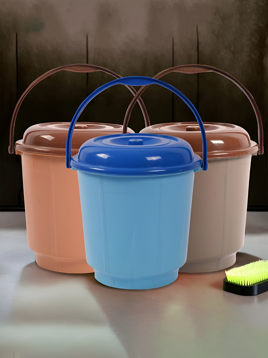 

Kuber Industries Blue & Brown 3 piece Bath Bucket with Lid