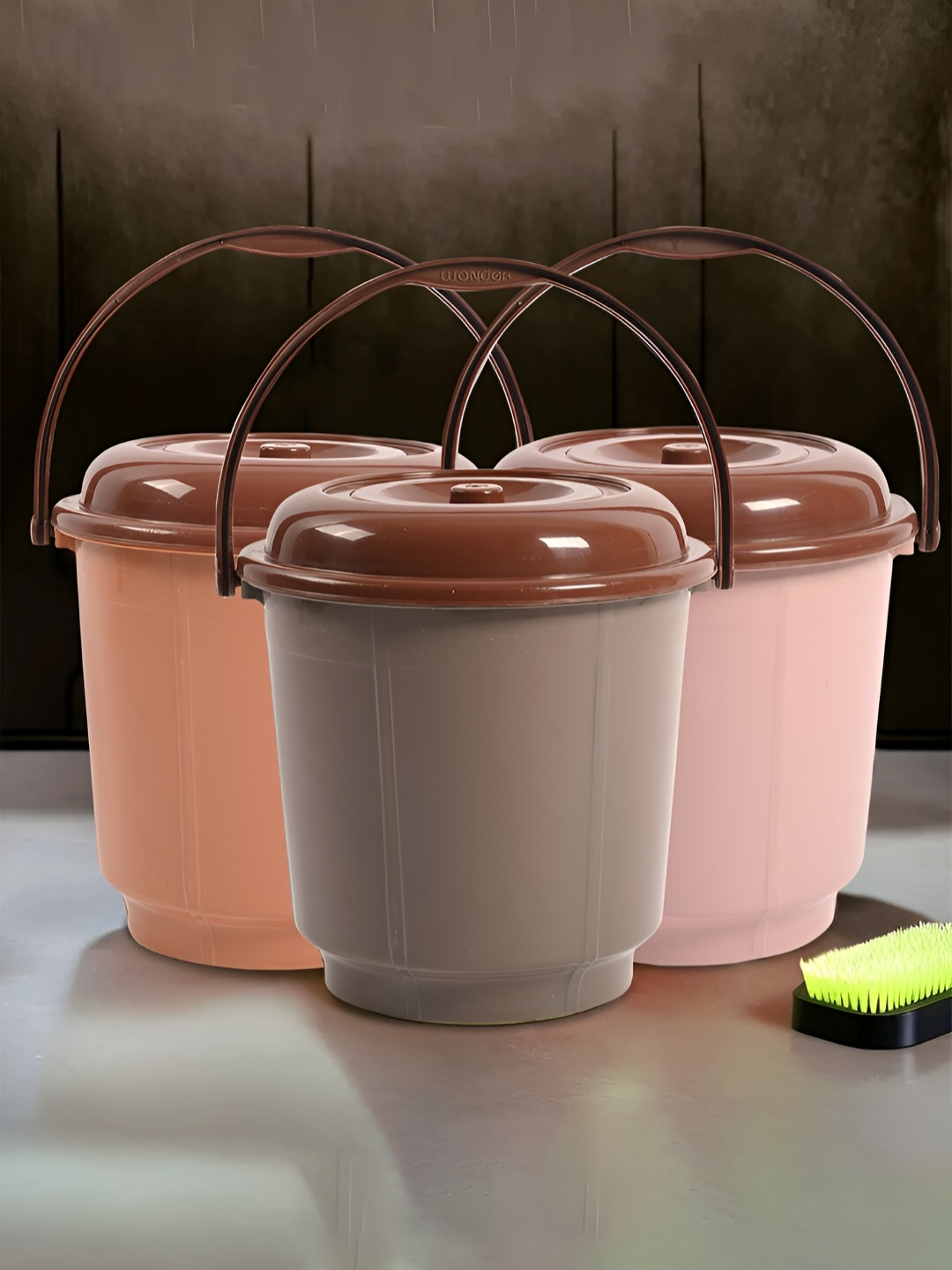 

Kuber Industries Coffee Brown & Pink 3 Pieces Glossy Buckets With Lid 18 L Each