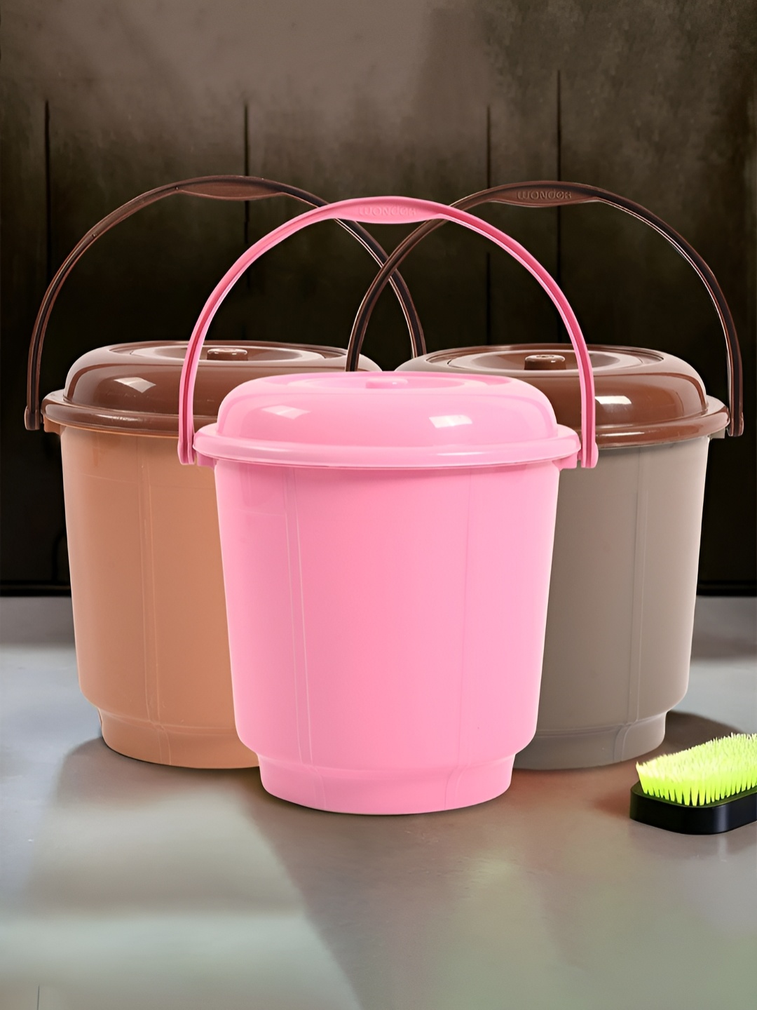 

Kuber Industries Pink & Grey 3 Pieces Bucket With Lid & Handle 18 L Each