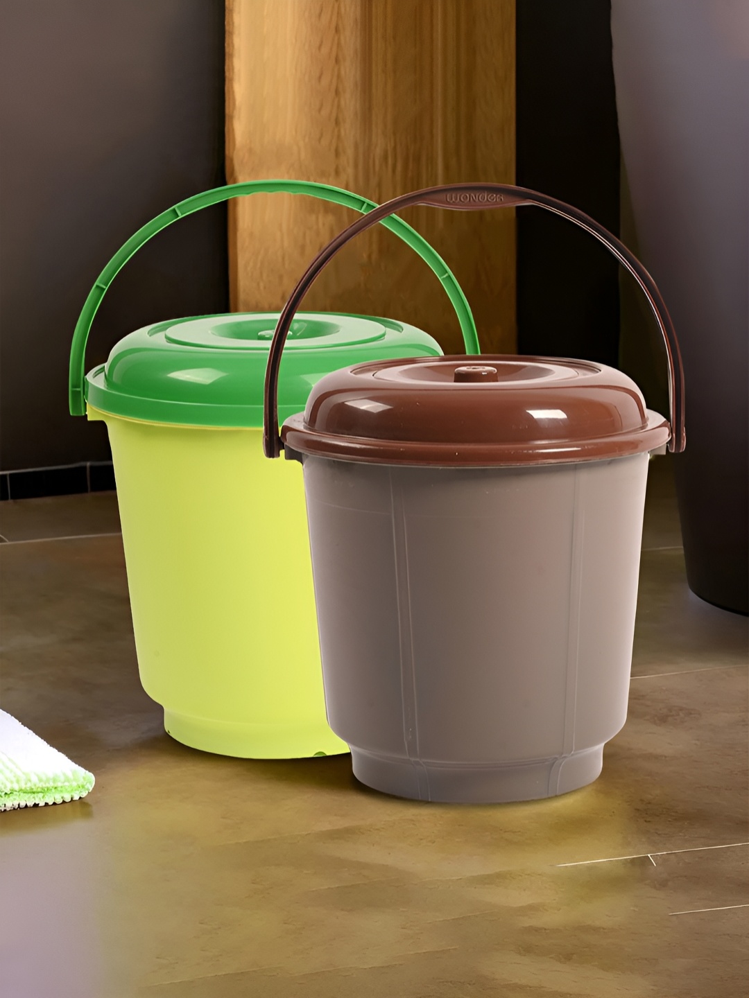 

Kuber Industries Green & Grey 2 Pieces Buckets With Lid 18L Each