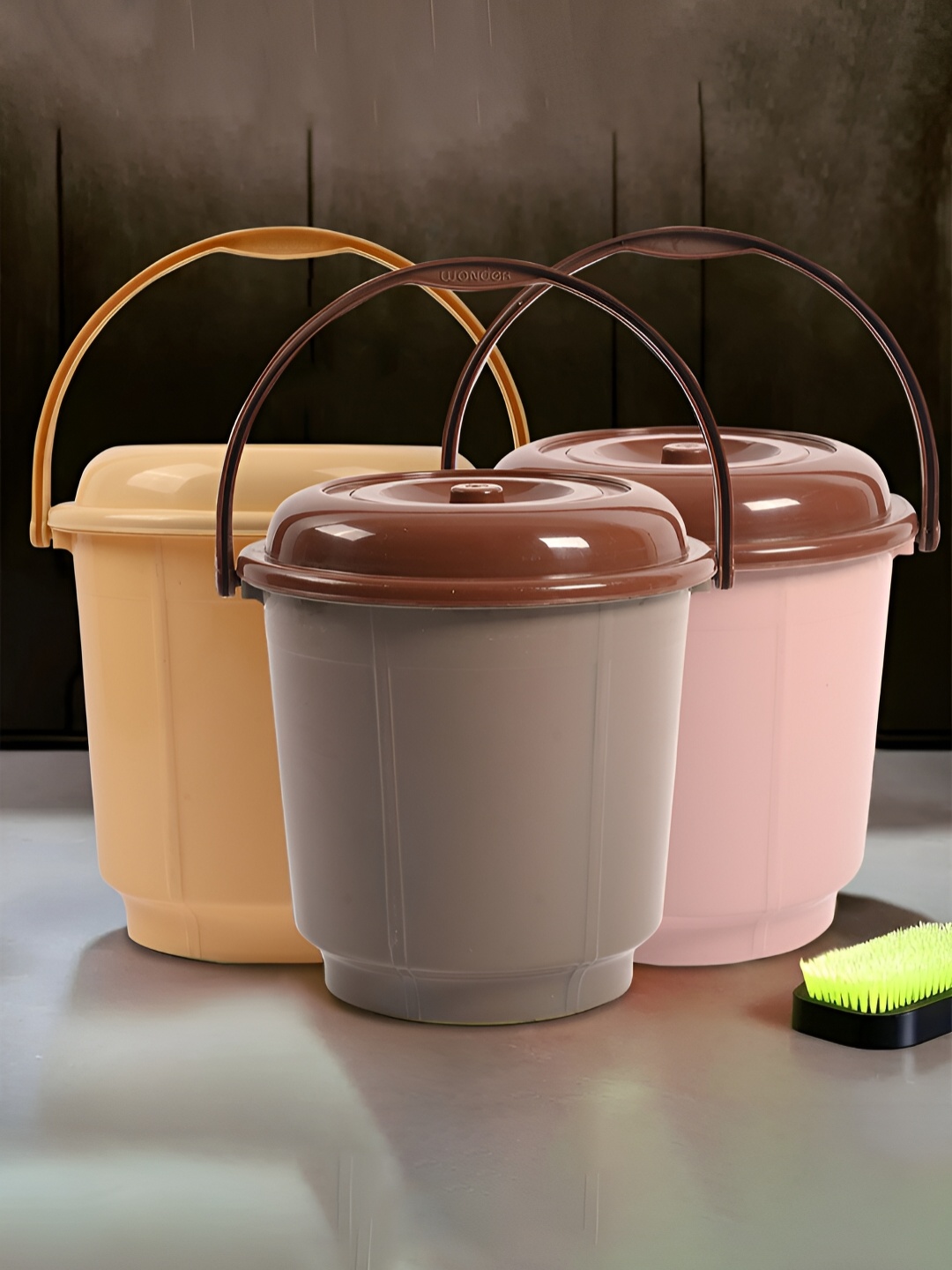 

Kuber Industries Cream & Brown 3 piece Bath Bucket with Lid