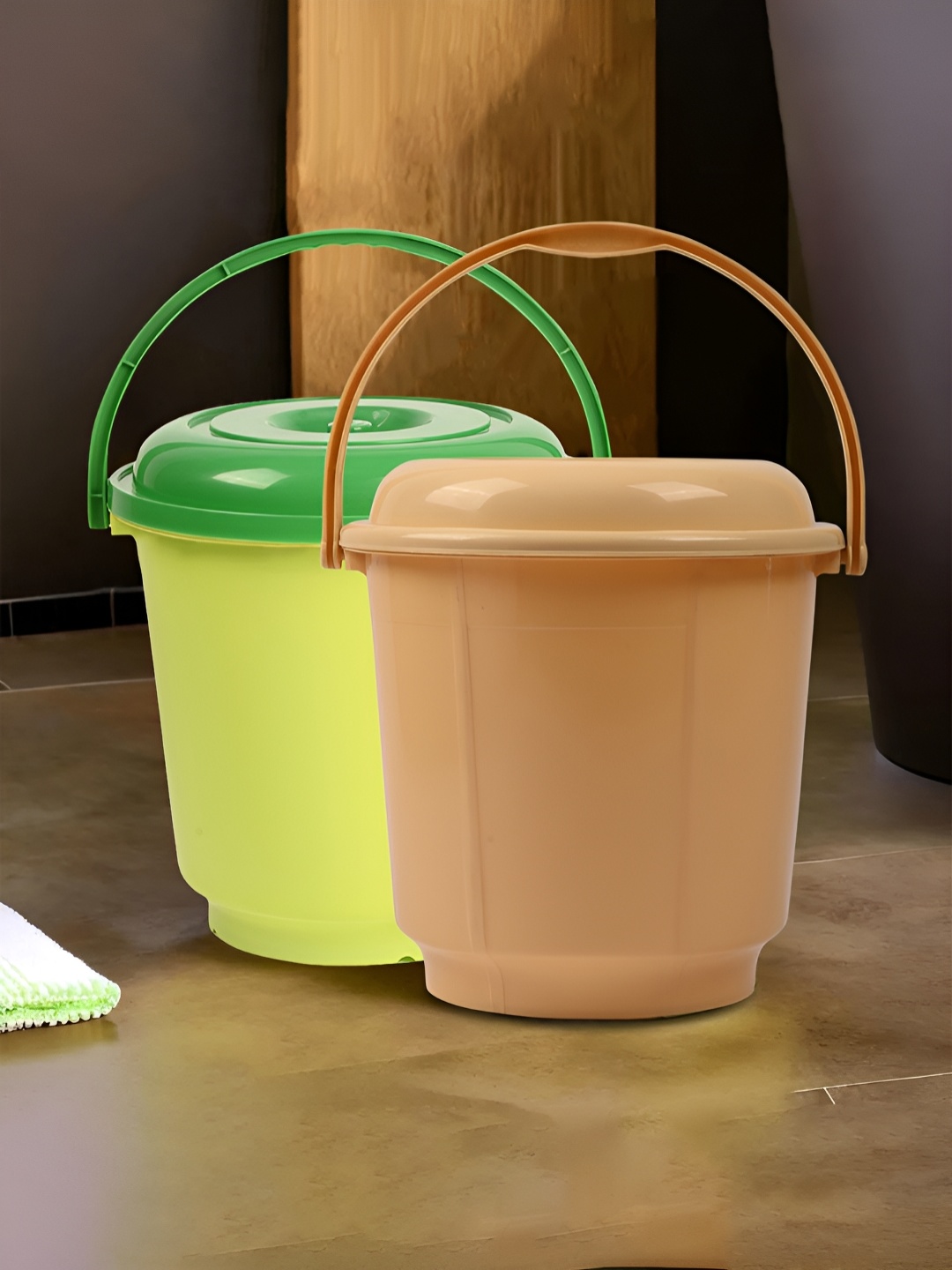 

Kuber Industries Green & Brown 2 Pieces Bucket With Lid & Handle 18 L Each