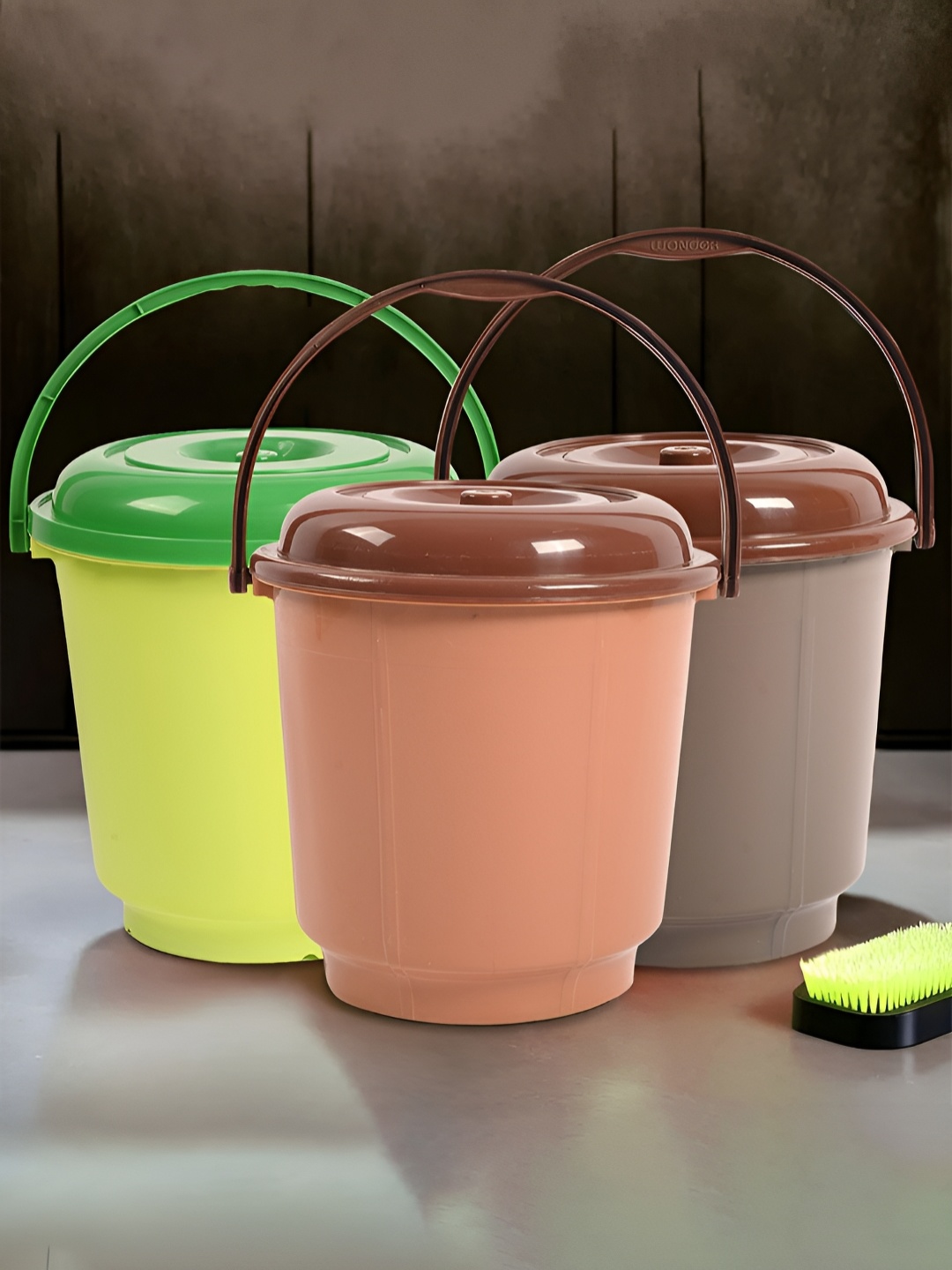 

Kuber Industries Green & Yellow 3 Pieces Bucket With Lid & Handle 18 L Each