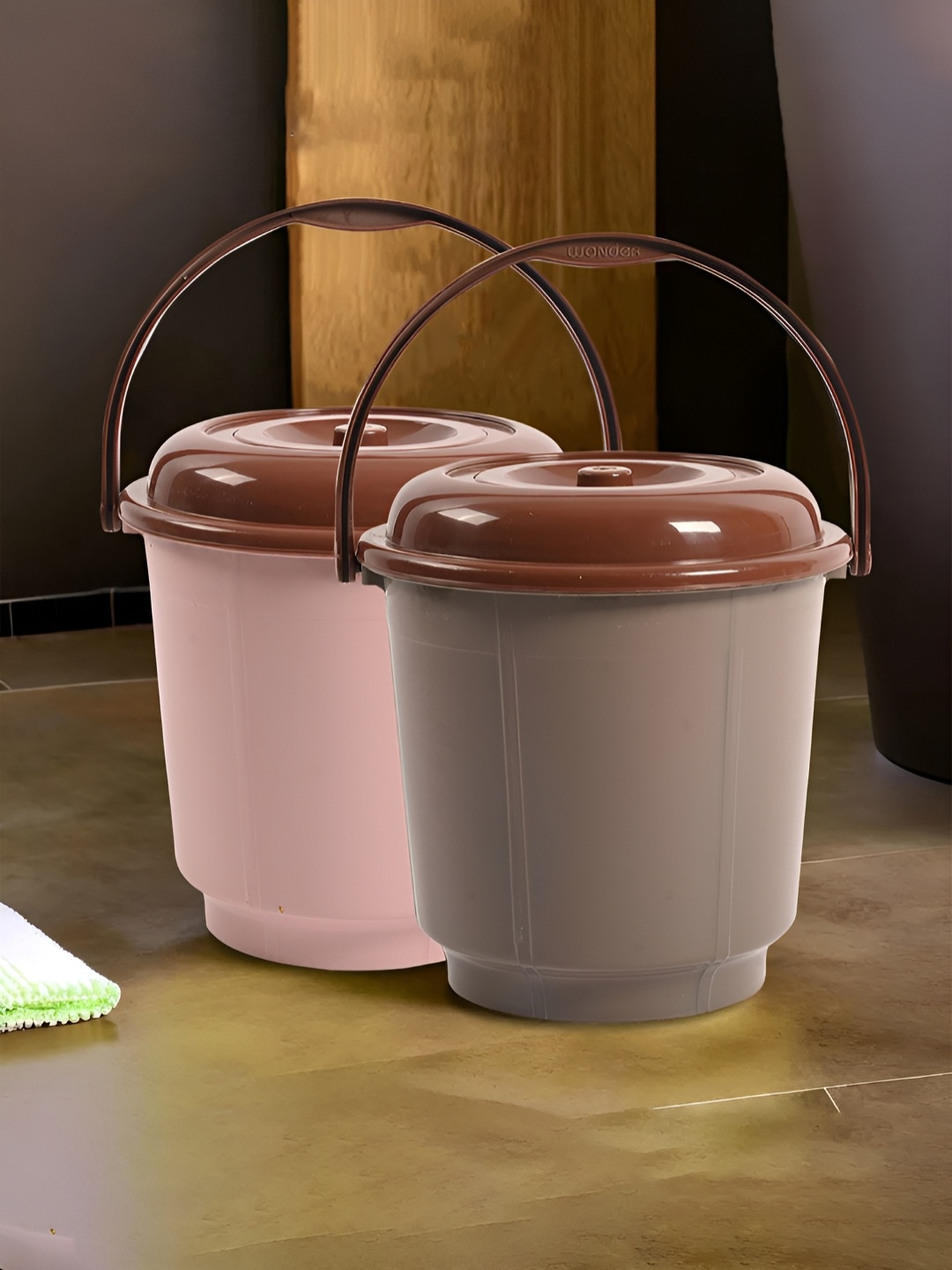 

Kuber Industries Peach & Brown 2 Pieces Bathroom Buckets With Lids 18 L Each