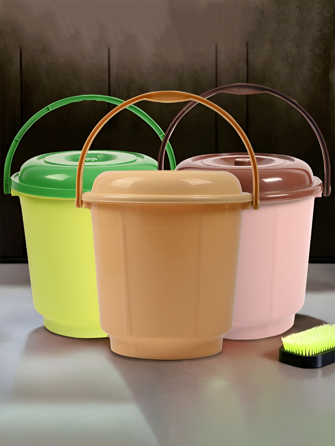 

Kuber Industries Green & Brown 3 Pieces Bucket with Lid 18 L
