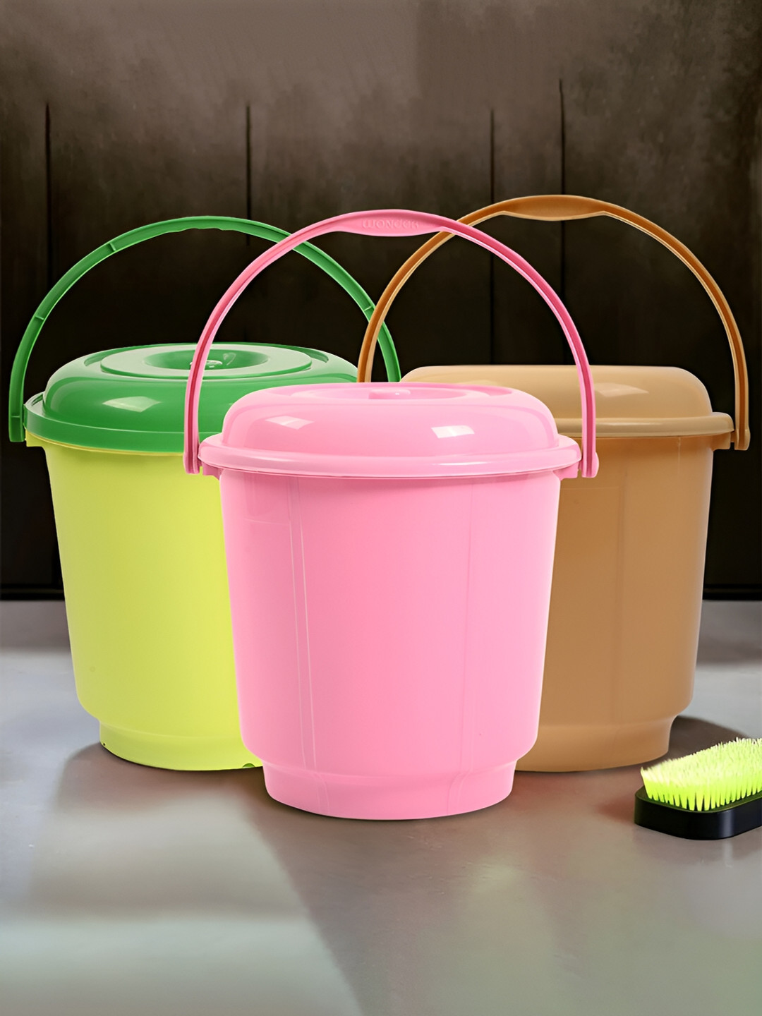 

Kuber Industries Green & Brown 3 Pieces Bucket With Lid & Handle 18 L Each