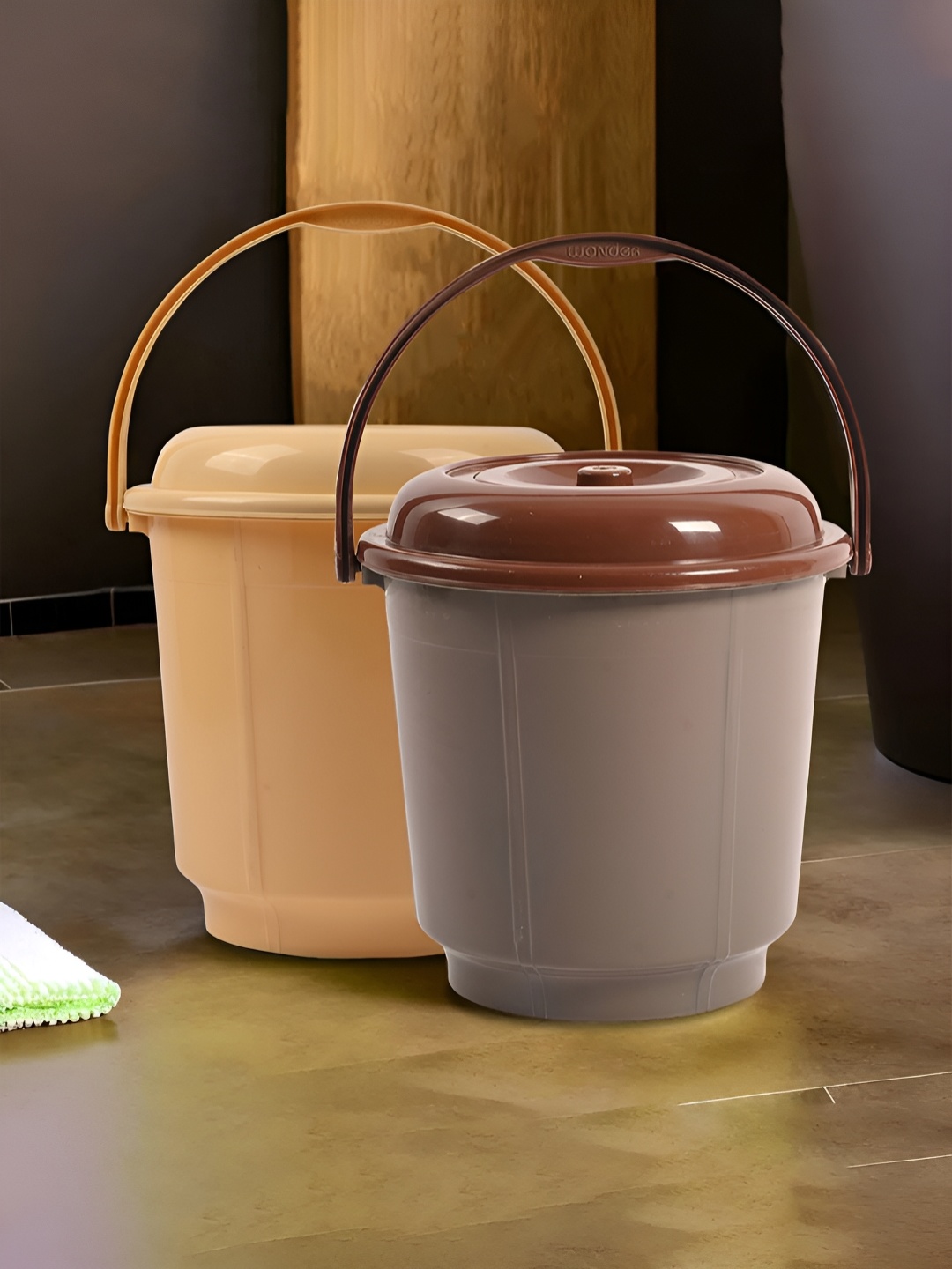 

Kuber Industries Cream & Brown 2 Pieces Buckets With Lid 18L Each