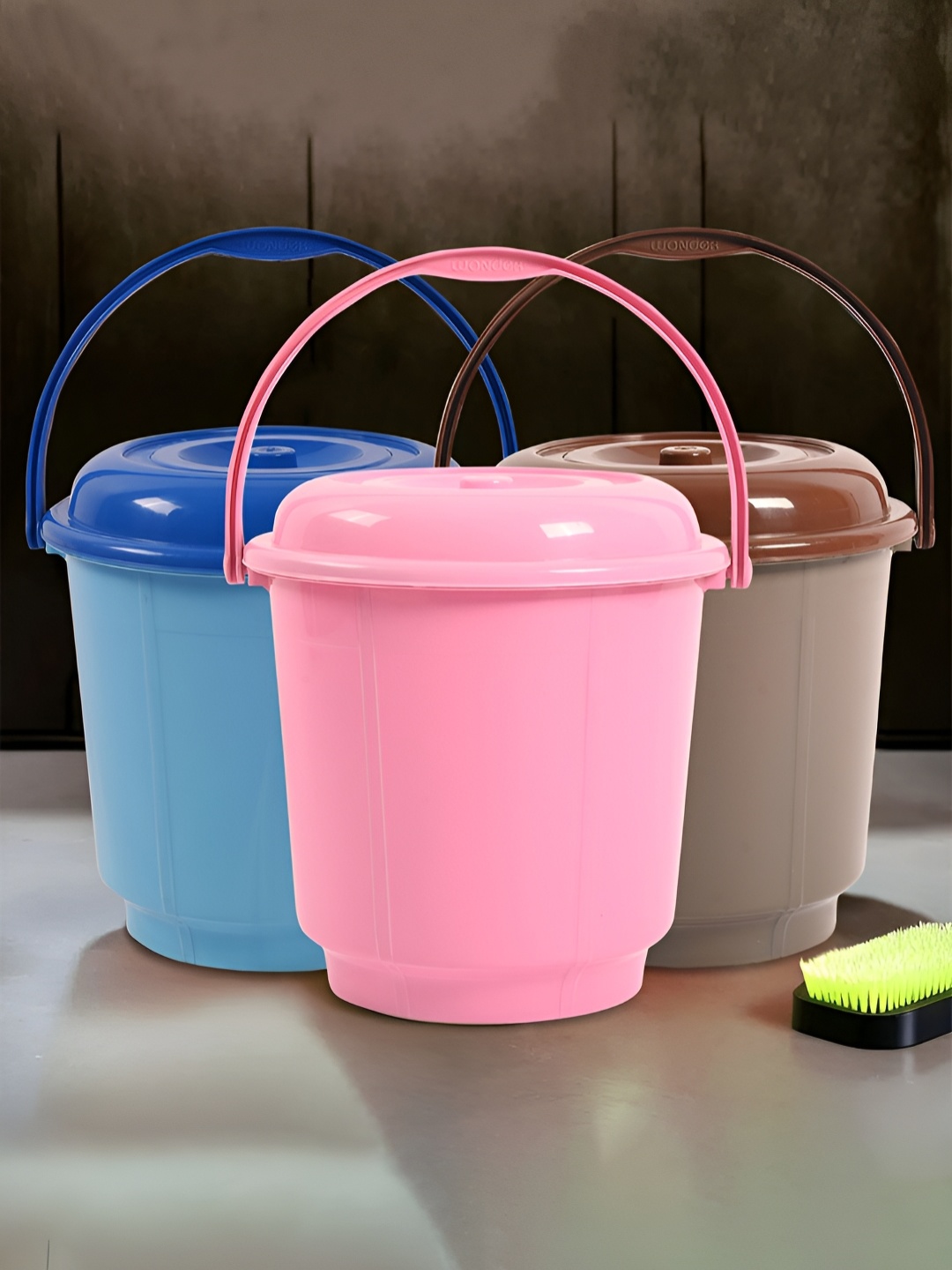 

Kuber Industries Pink & Blue 3 Pieces Bucket With Lid & Handle 18 L Each