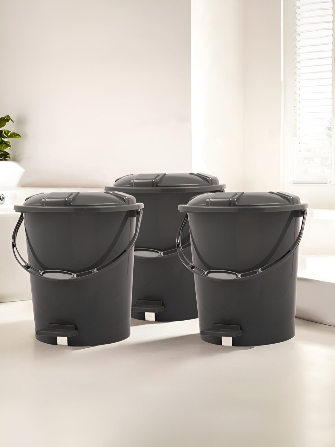 

Kuber Industries Grey 3 Pieces Pedal Dustbin with Lid & Handle