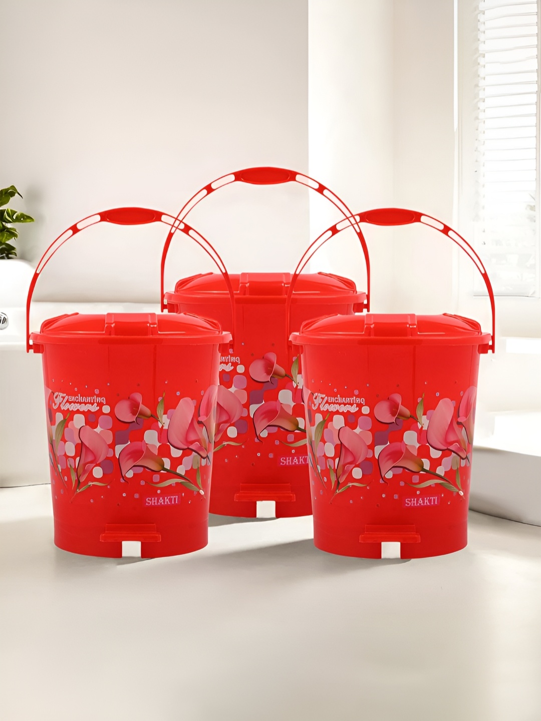 

Kuber Industries Red 3 Pieces Printed Pedal Dustbin with Lid & Handle