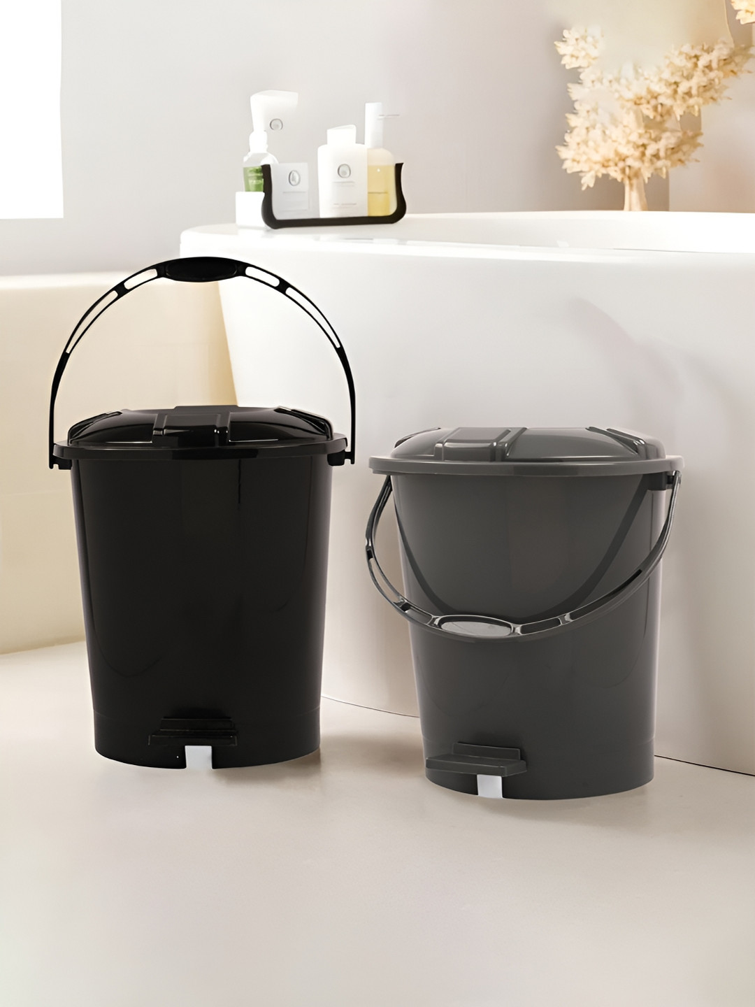 

Kuber Industries 2 Pcs Black & Grey Pedal Dustbins With Lids & Handle 10 L Each