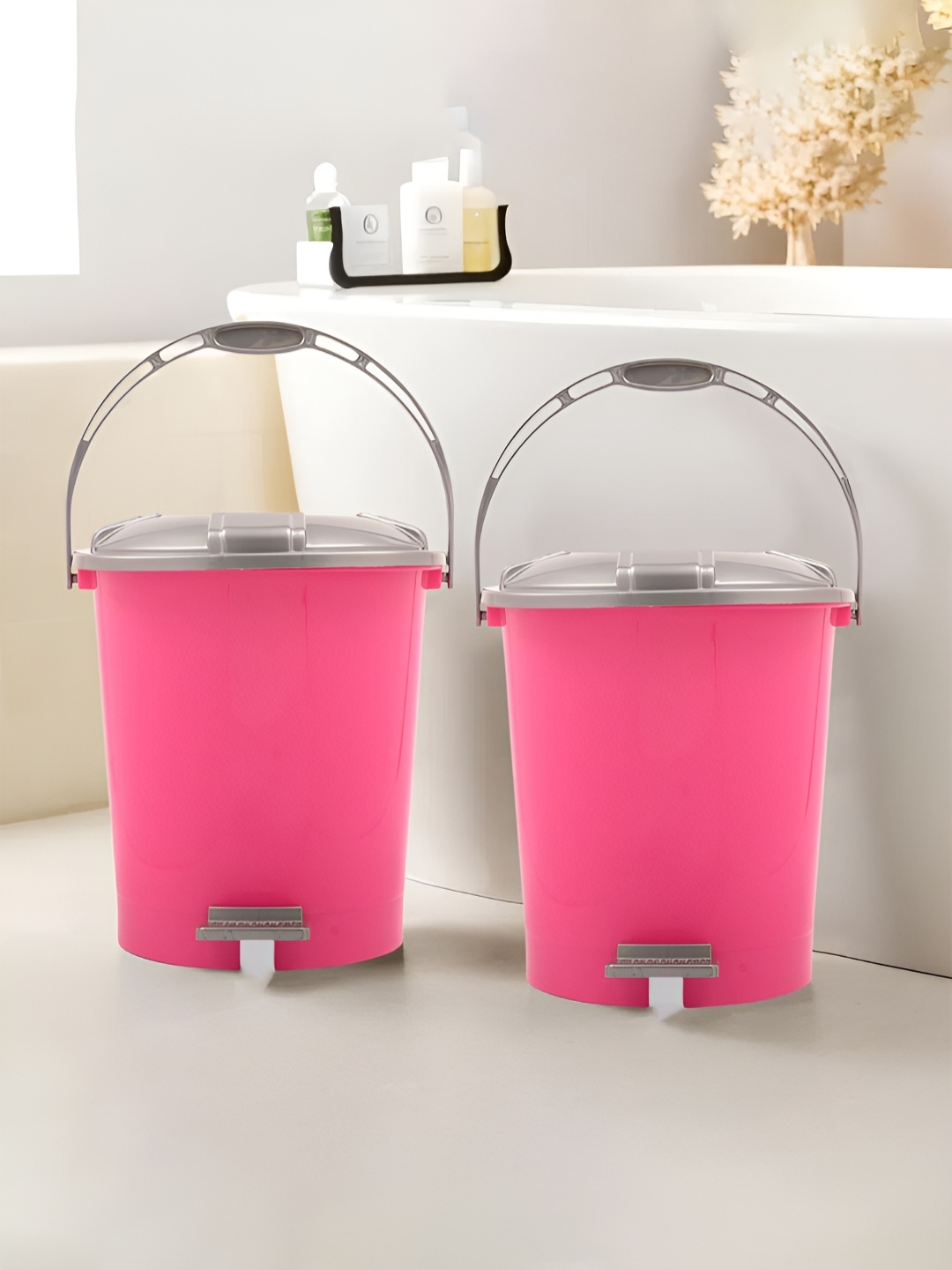 

Kuber Industries 2-Pcs Pink & Grey Pedal Dustbin With Lid & Handle - 10 L Each