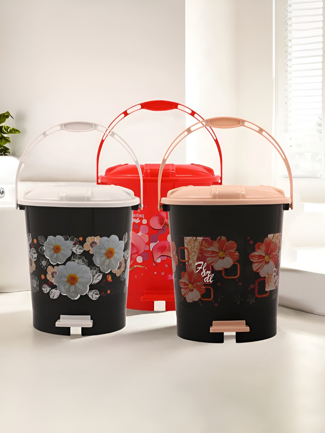 

Kuber Industries Red & Black 3 Pieces Printed Pedal Dustbin with Lid & Handle