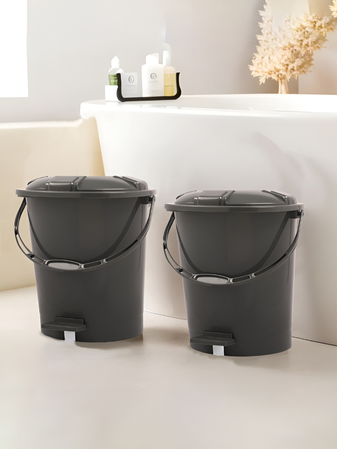 

Kuber Industries Grey 2Pcs Pedal Dustbin With Lid & Handle 10l Each