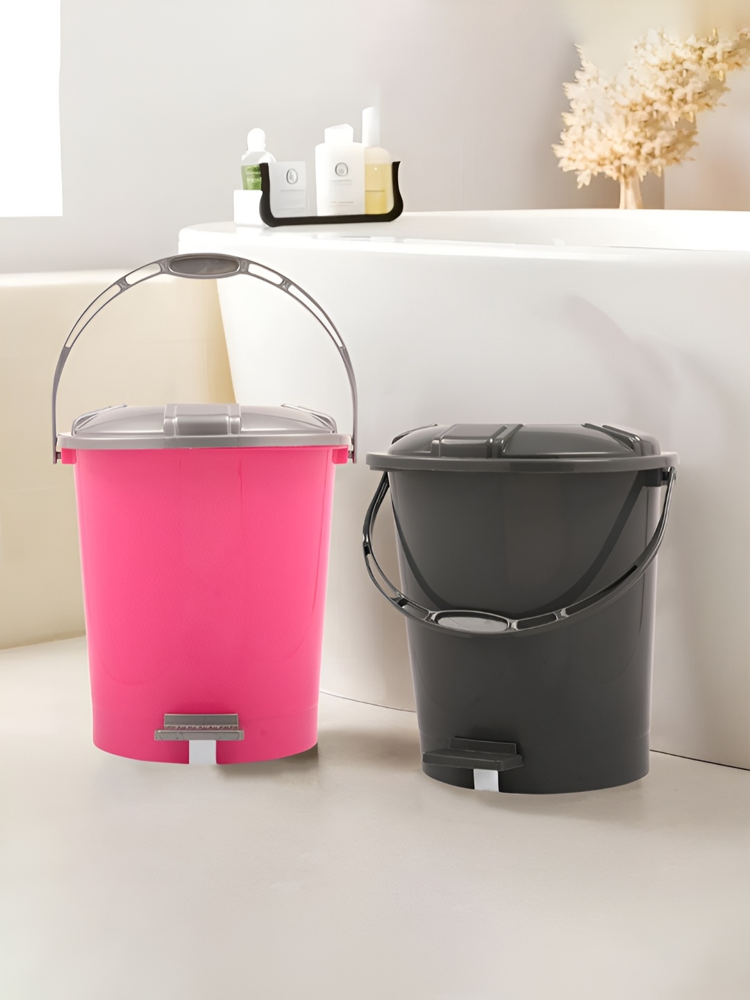 

Kuber Industries 2Pcs Pink & Black Plastic Pedal Dust Bins