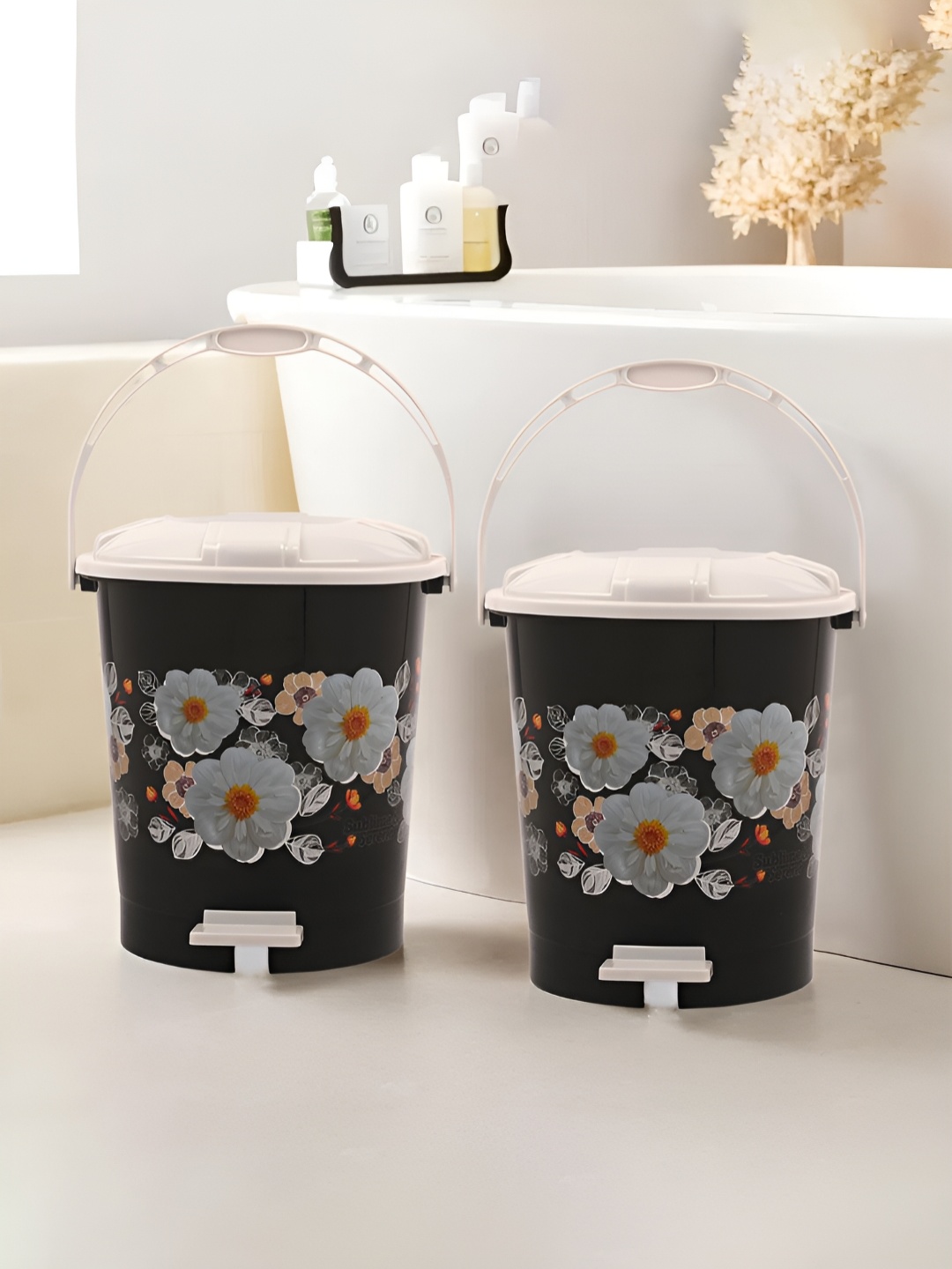 

Kuber Industries Black & White 2 Pieces Pedal Dustbin With Lid & Handle - 10L Each