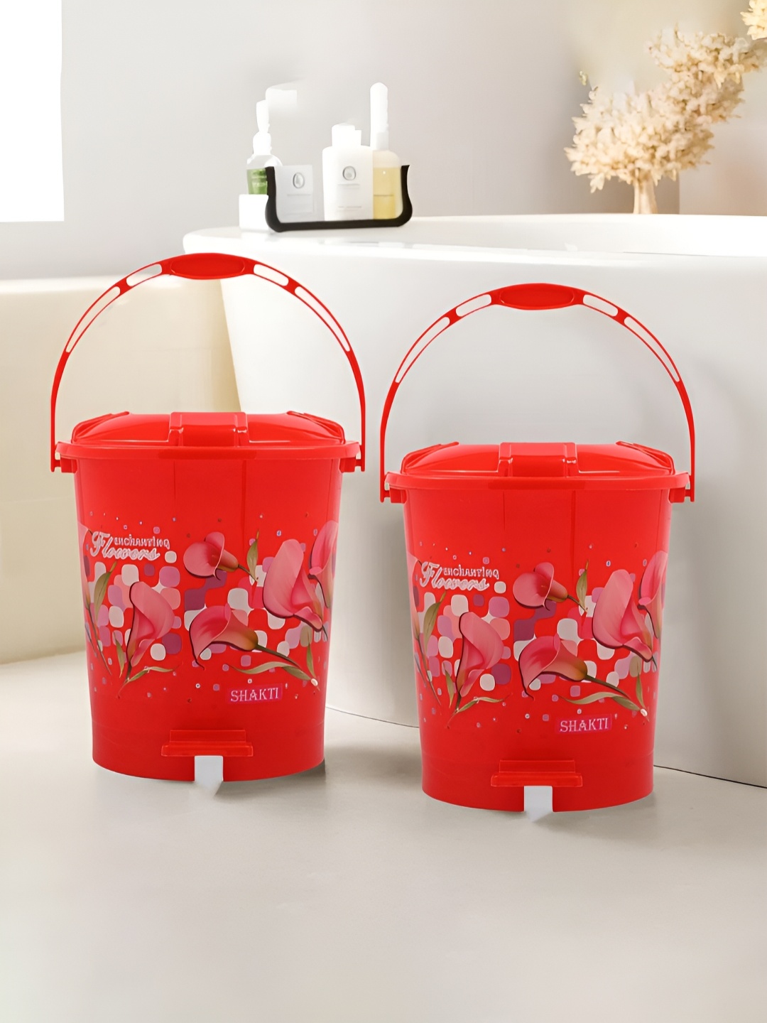 

Kuber Industries Red 2 Pieces Printed Plastic Pedal Dust Bins