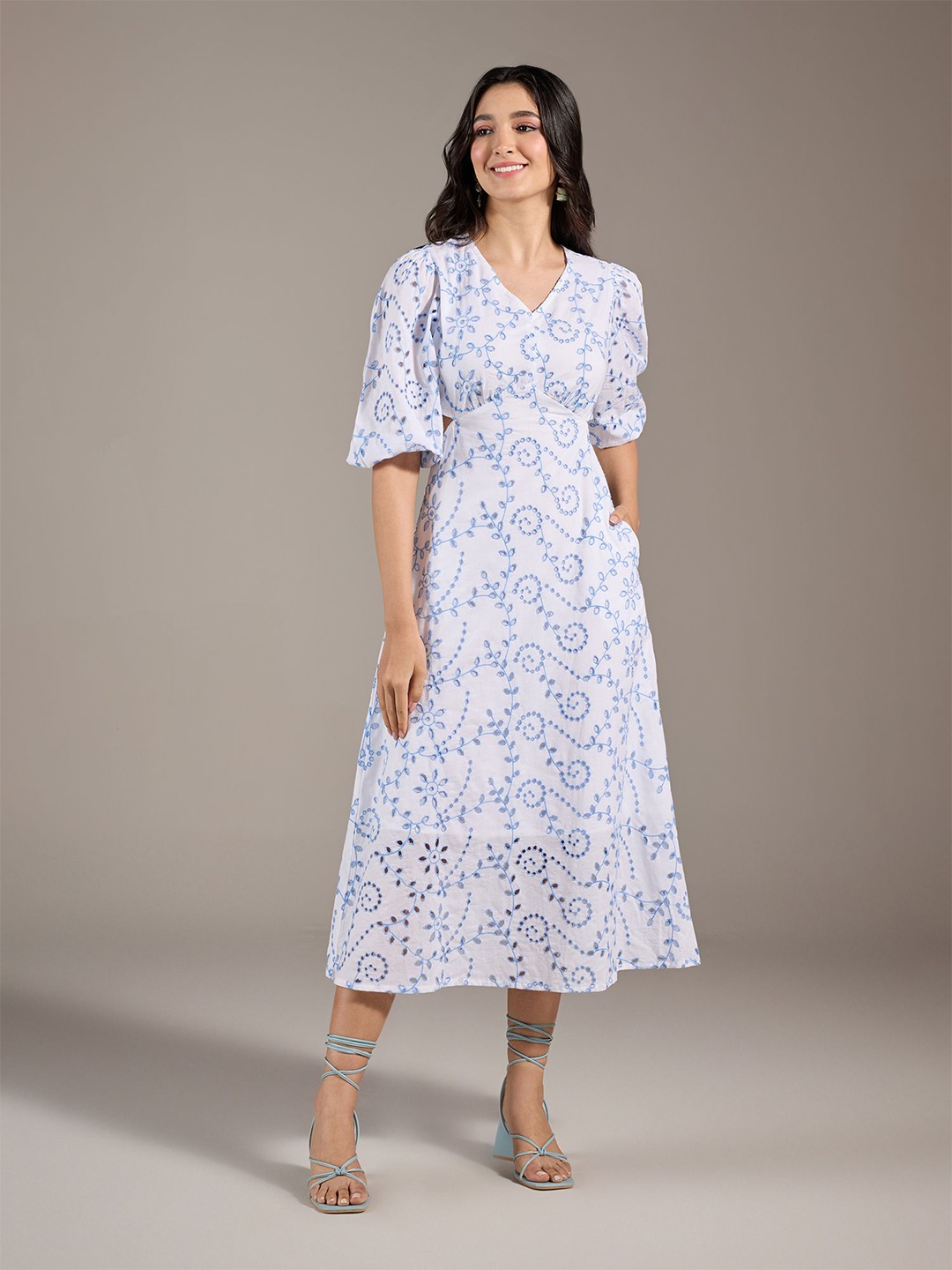 

20Dresses Women V-Neck Puff Sleeves Fit and Flare Midi Dress, White