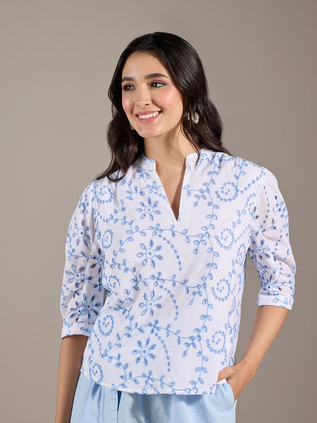 

20Dresses Floral Print Mandarin Collar Cotton Top, White