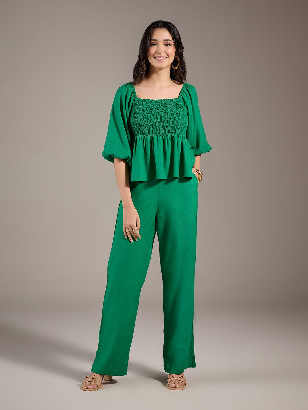 

20Dresses Green Solid Smocked Top Straight Fit Trousers