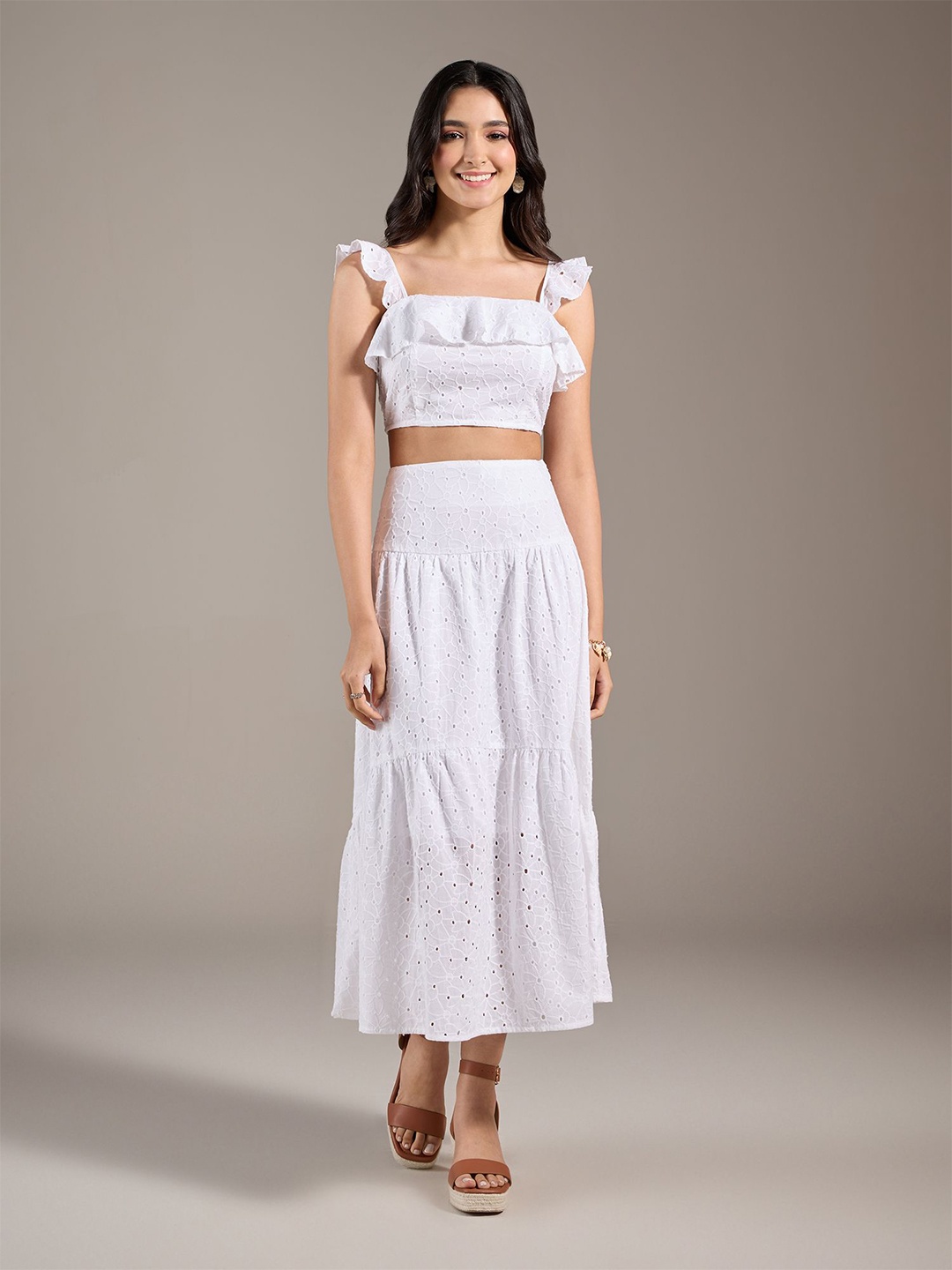 

20Dresses White Crop Shoulder Straps Sleeveless Top & Midi Skirts