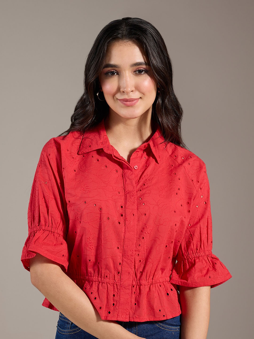 

20Dresses Bell Sleeve Cotton Shirt Collar Top, Red