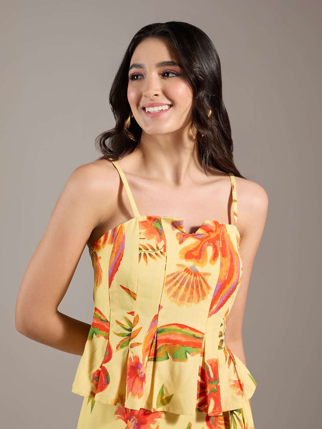 

20Dresses Yellow & Orange Floral Printed Shoulder Straps Peplum Top