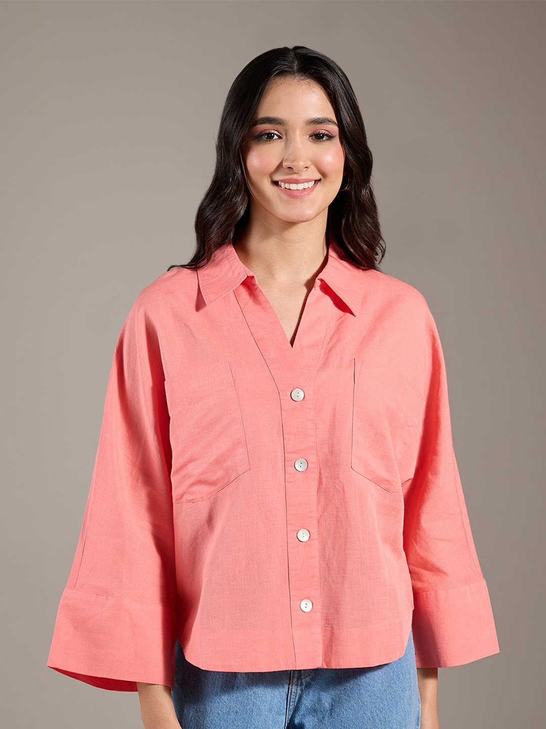 

20Dresses Pink Spread Collar Linen Cotton Casual Shirt