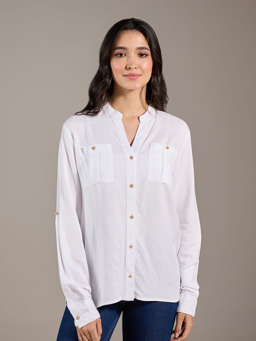 

20Dresses White Mandarin Collar Casual Shirt