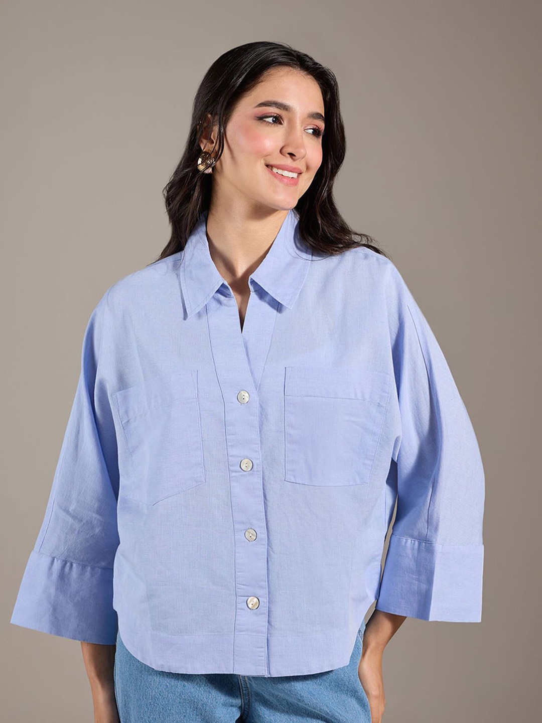 

20Dresses Blue Spread Collar Linen Cotton Casual Shirt