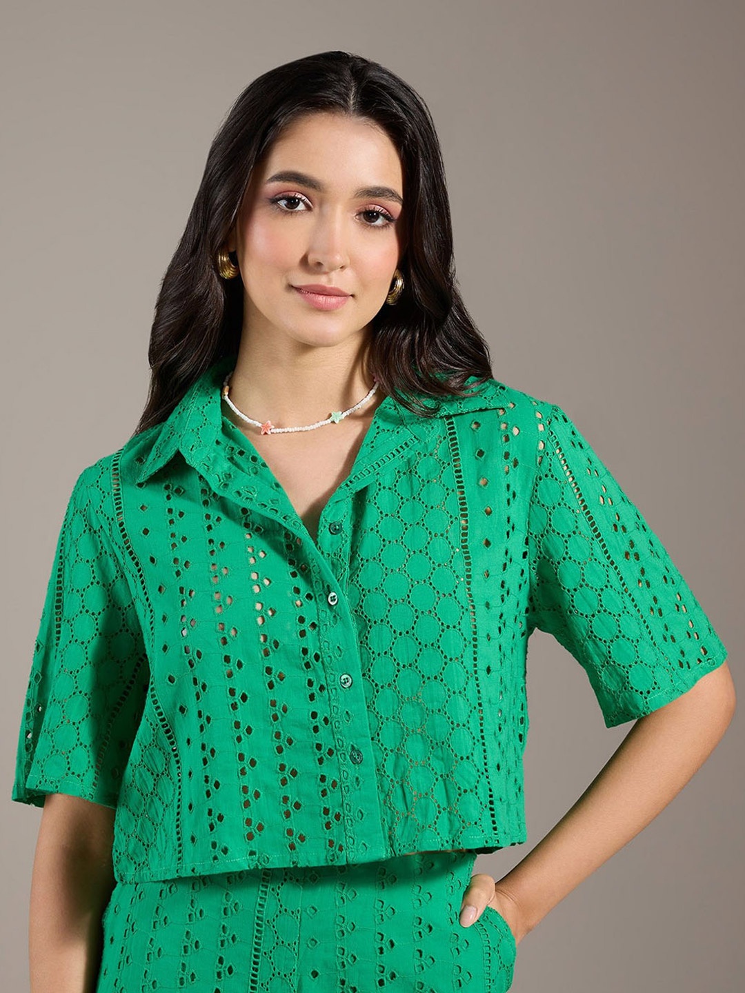 

20Dresses Green Self Design Schiffli Pure Cotton Casual Shirt