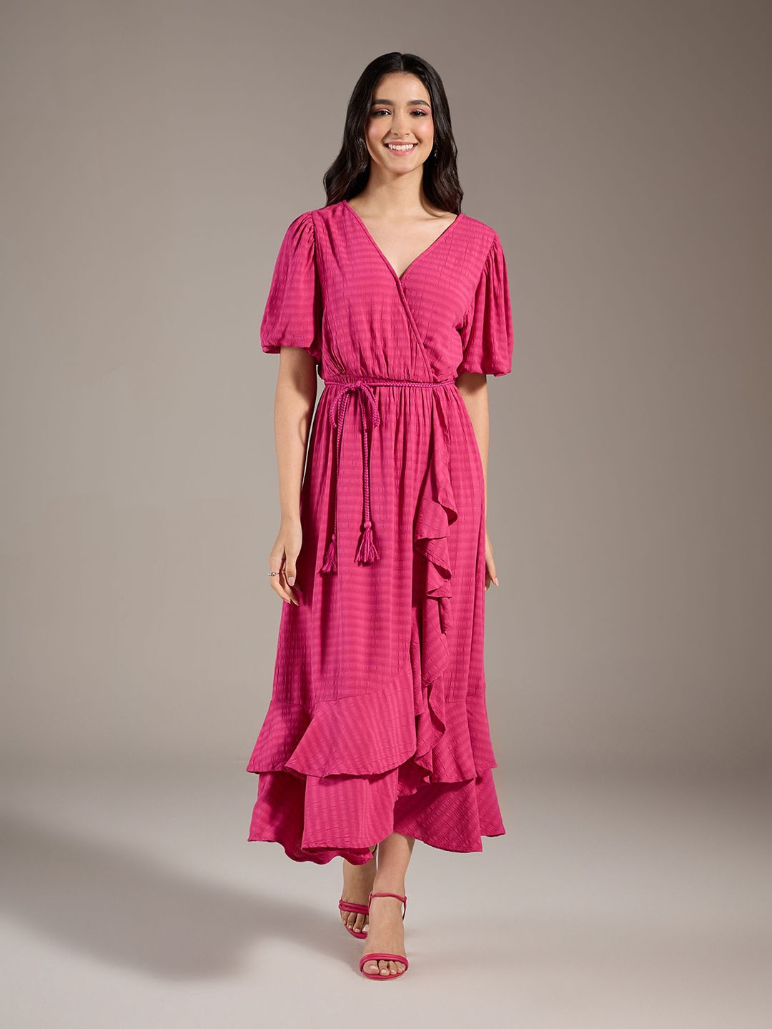 

20Dresses Fuchsia V-Neck Puff Sleeves Maxi Dress