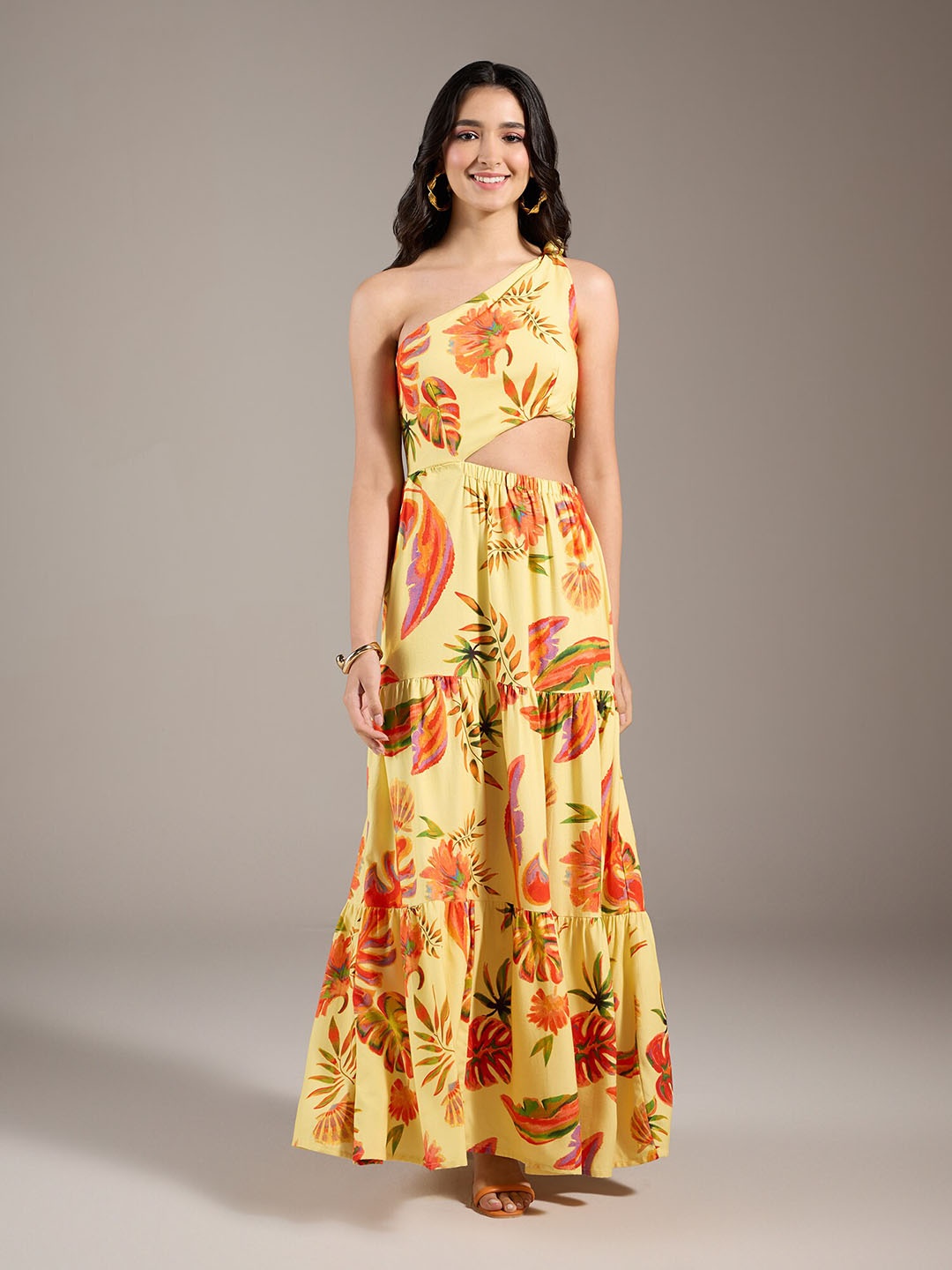 

20Dresses Yellow & Orange Tropical Printed One Shoulder Flared Maxi Dress