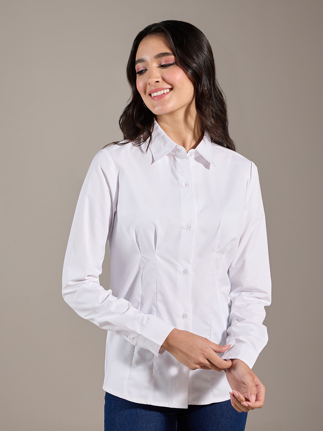 

20Dresses White Pointed Collar Pin Tucks Casual Shirt