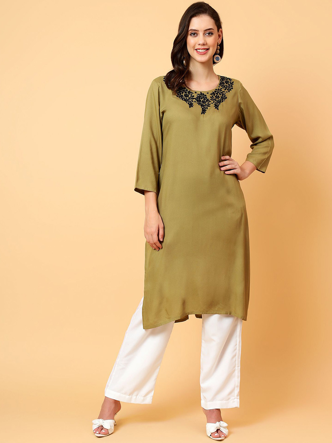 

Bani Women Floral Embroidered Round Neck Three-Quarter Sleeves Liva Straight Kurta, Beige