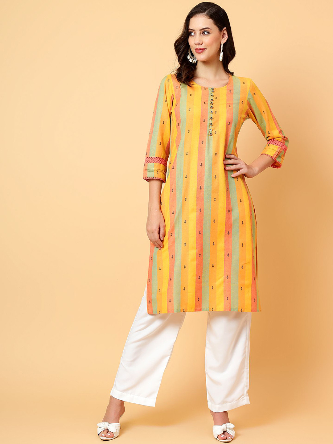 

Bani Women Geometric Embroidered Cotton Straight Kurta, Mustard