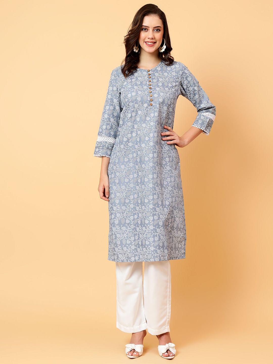 

Bani Women Floral Printed Thread Work Cotton A-Line Kurta, Grey