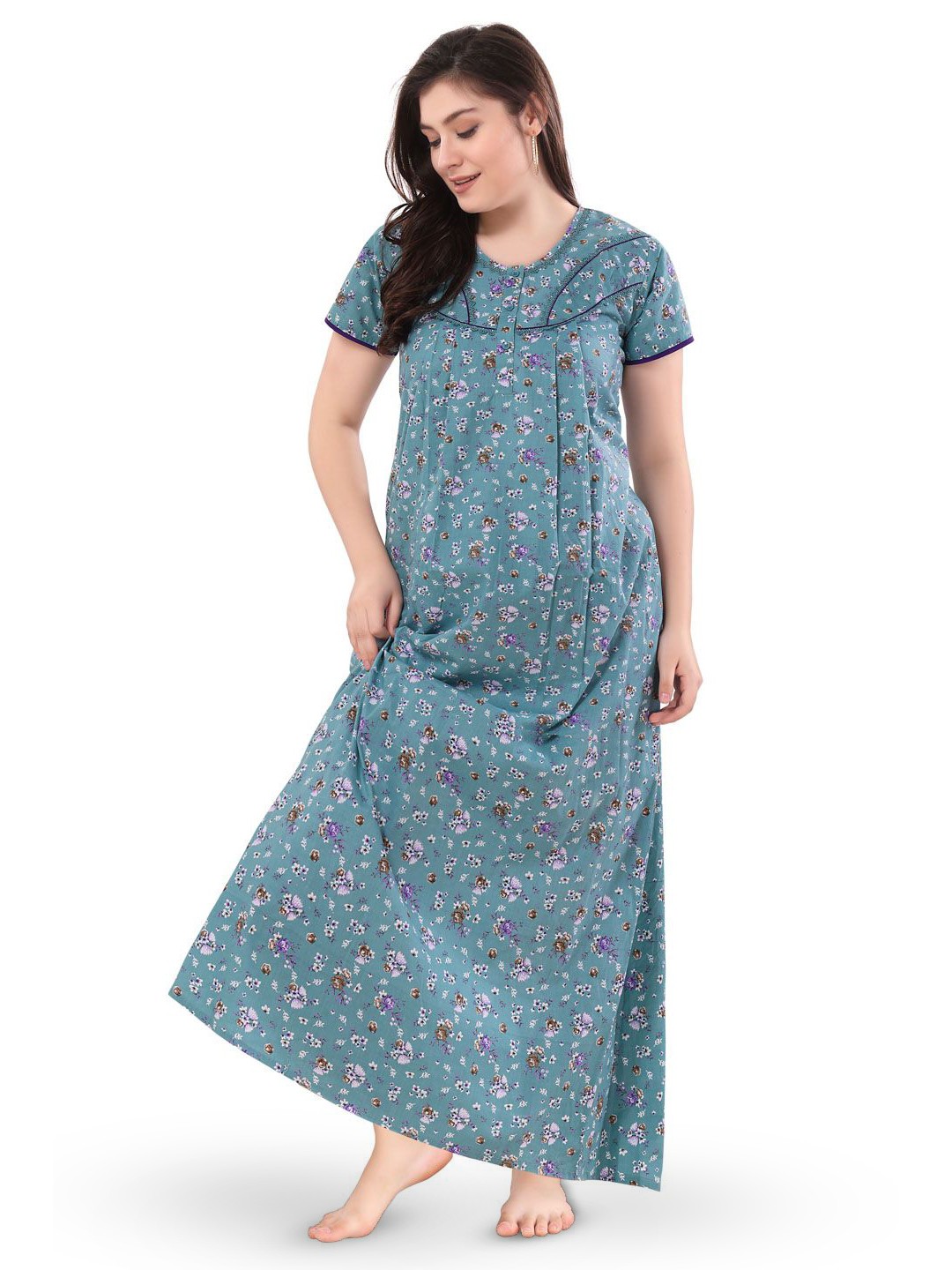 

Soulemo Floral Printed Pure Cotton Maxi Nightdress, Green