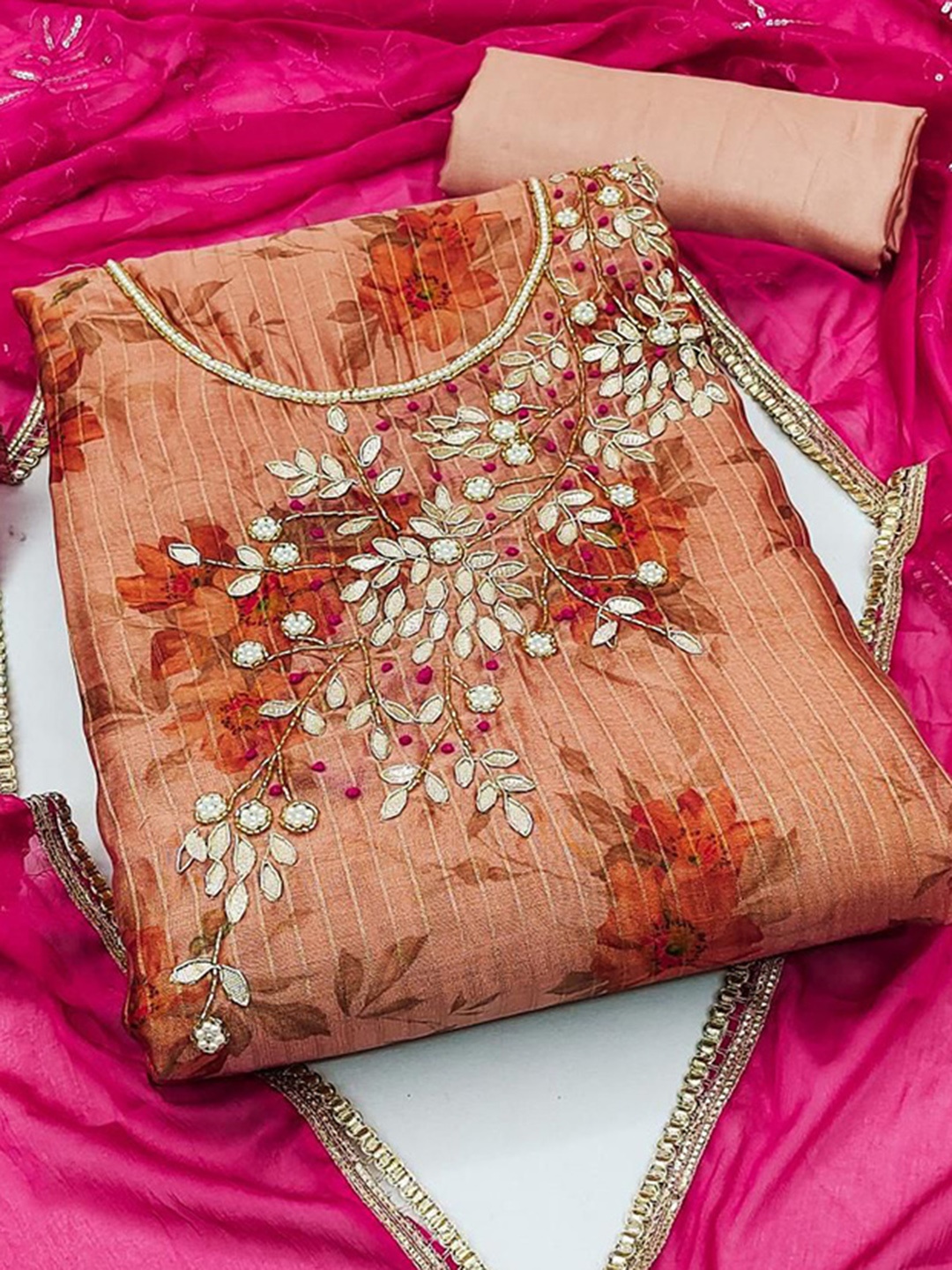 

Dori Floral Embroidered Unstitched Dress Material, Peach